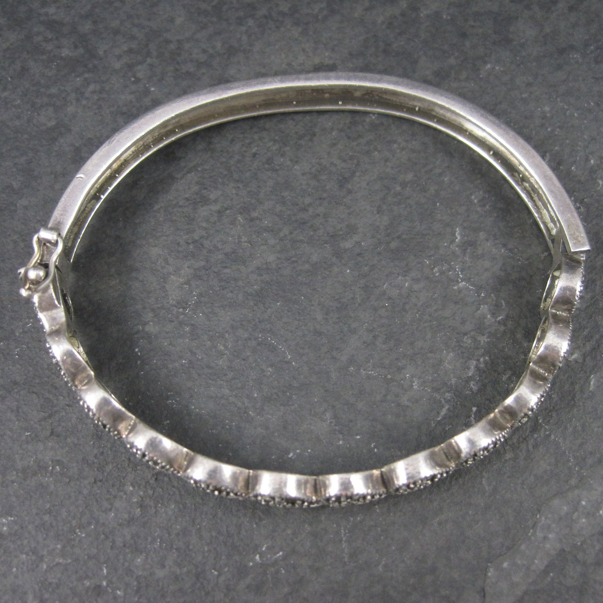Vintage Sterling Marcasite Heart Bangle Bracelet 7 Inches