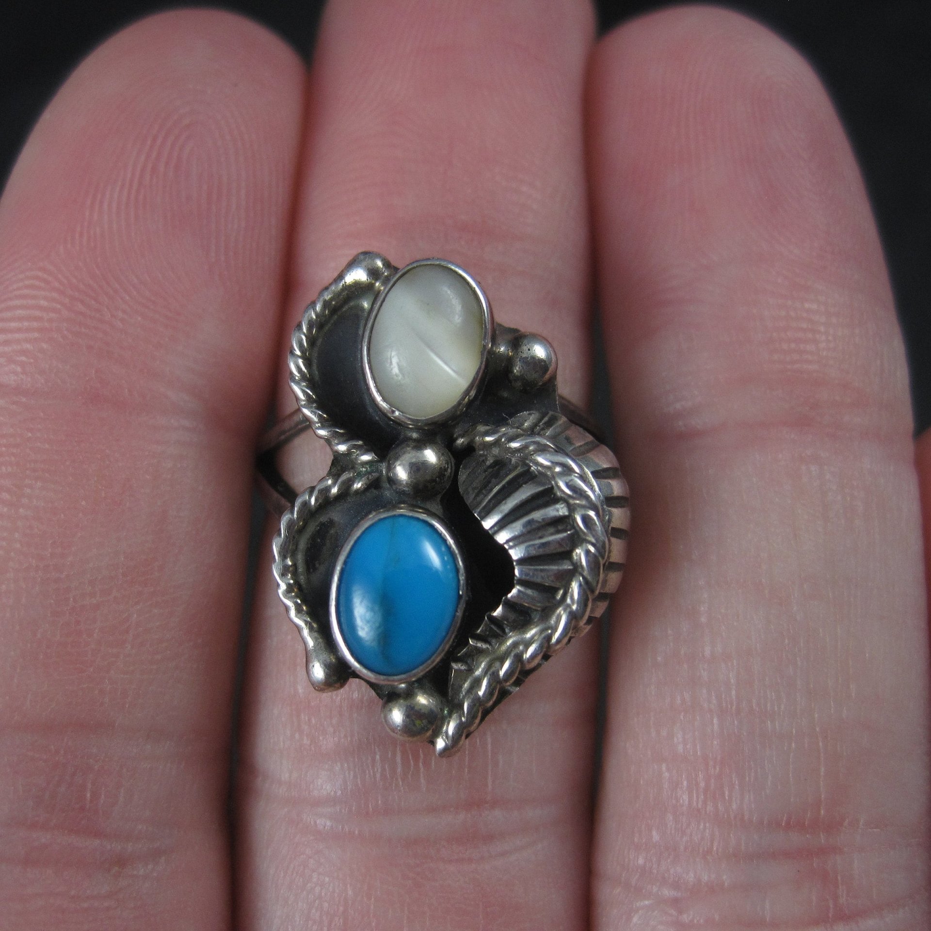 Vintage Southwestern Sterling Mother of Pearl Turquoise Ring Size 5 Pauline Dolly Foutz