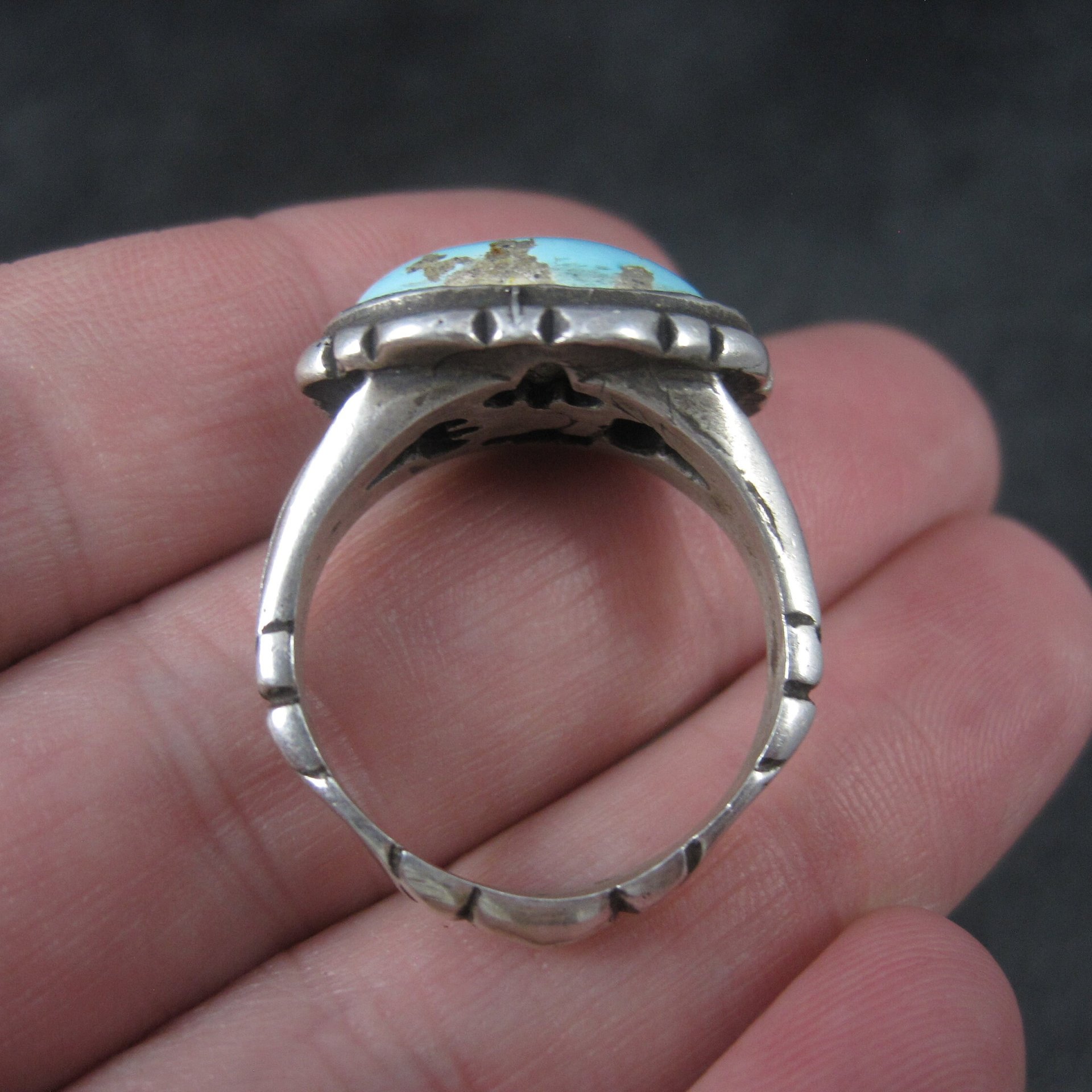 Unusual Vintage Sterling Turquoise Ring Size 9.75