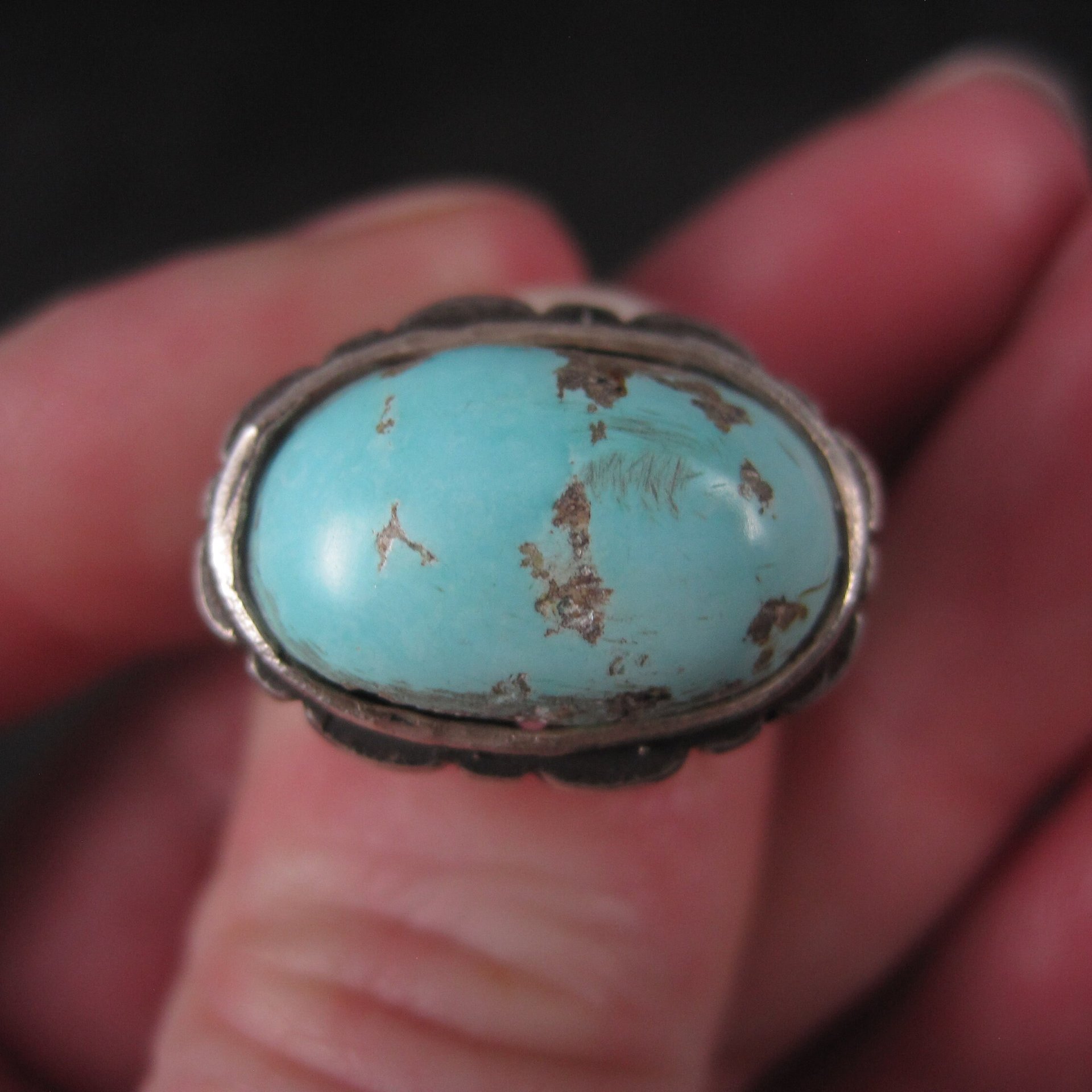 Unusual Vintage Sterling Turquoise Ring Size 9.75