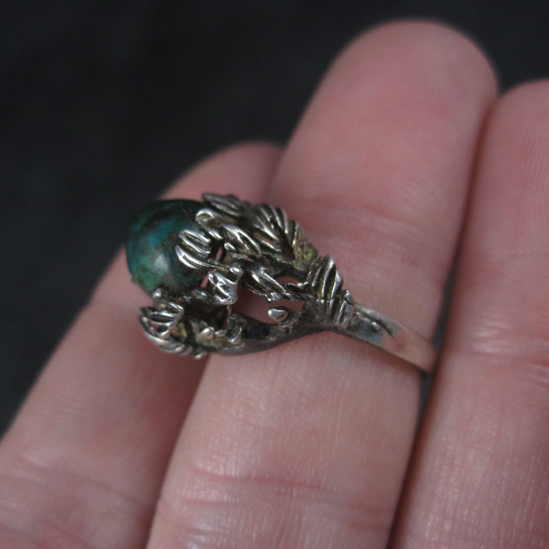 Unusual Vintage Sterling Chrysocolla Leaf Ring Size 5