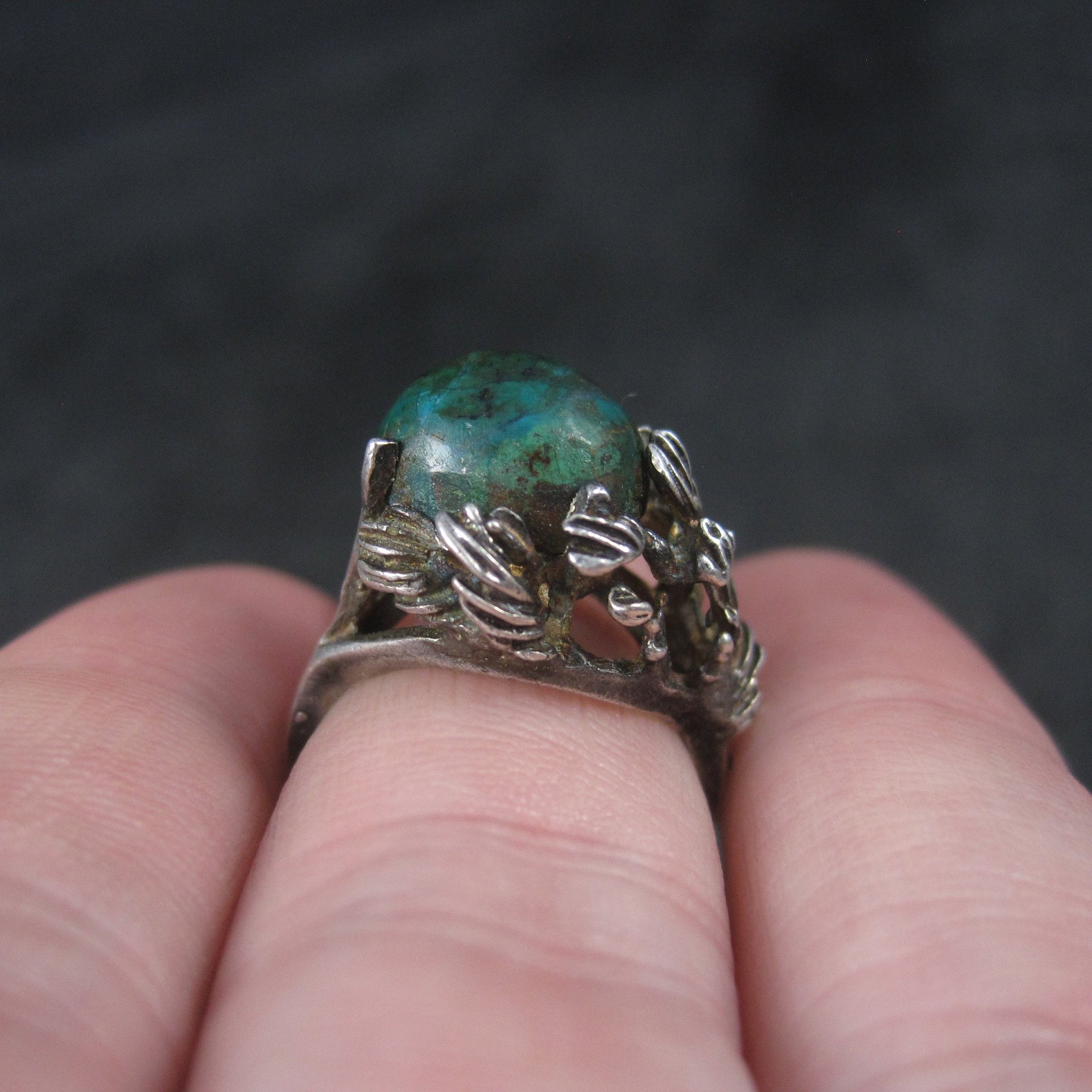 Unusual Vintage Sterling Chrysocolla Leaf Ring Size 5