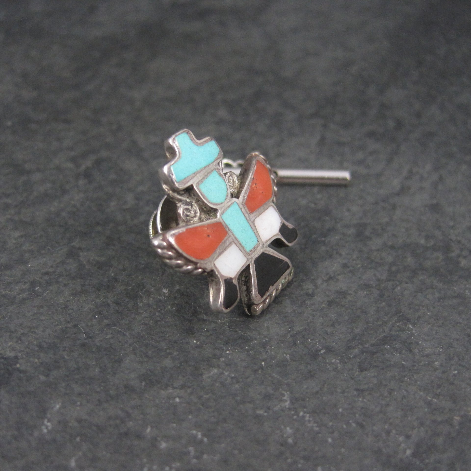 Vintage Sterling Turquoise Coral Inlay Knifewing Tie Tack