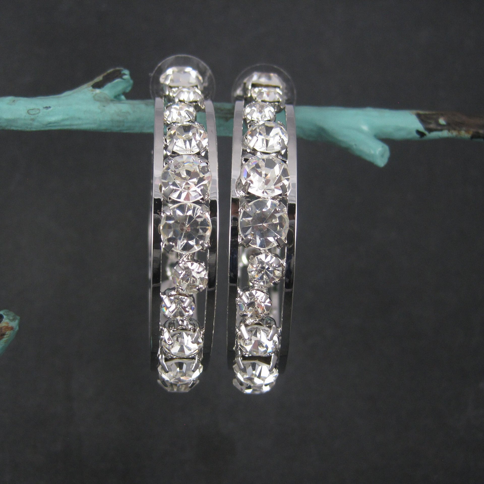 Huge 2.25 Inch Vintage Rhodium Plated Cubic Zirconia Hoop Earrings