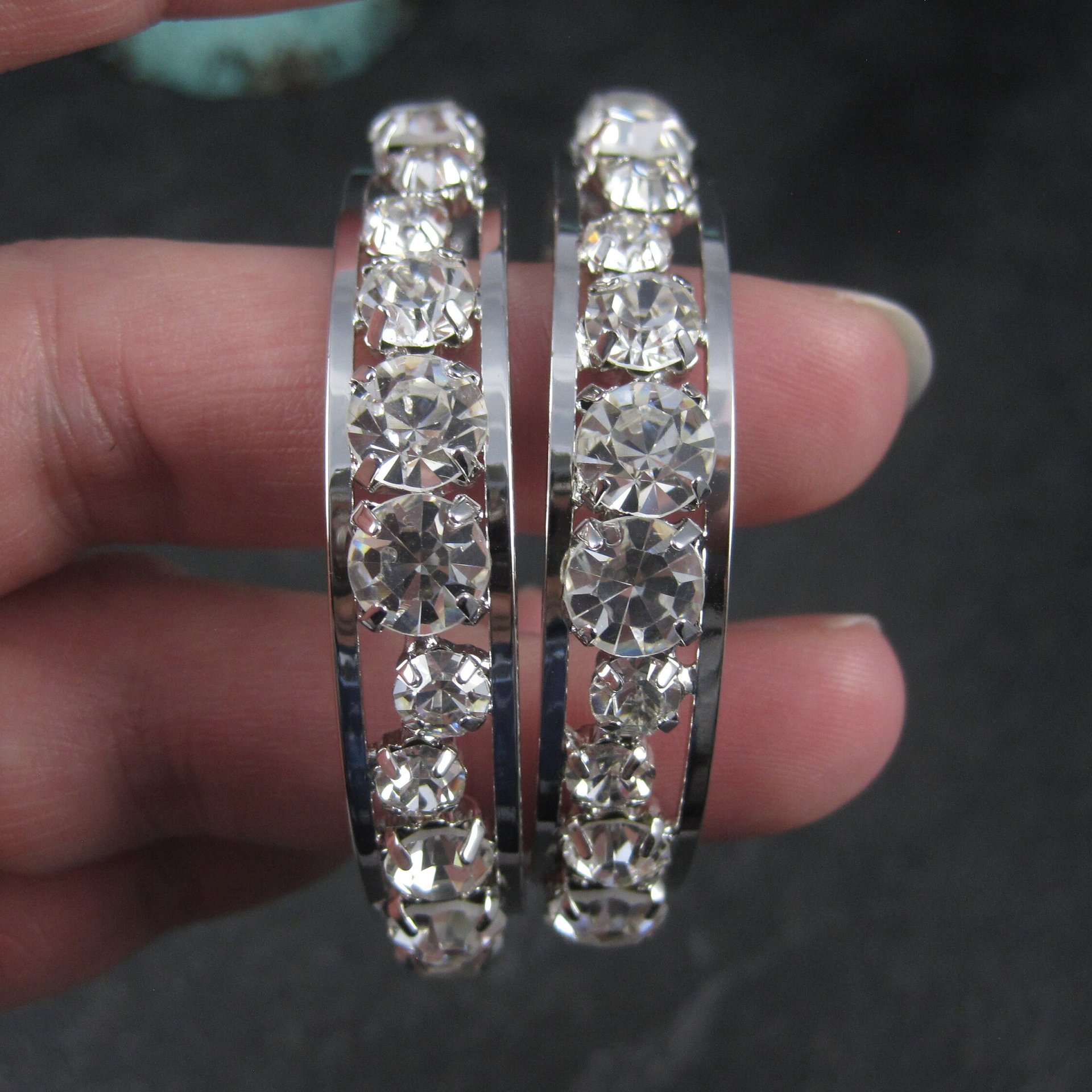 Huge 2.25 Inch Vintage Rhodium Plated Cubic Zirconia Hoop Earrings