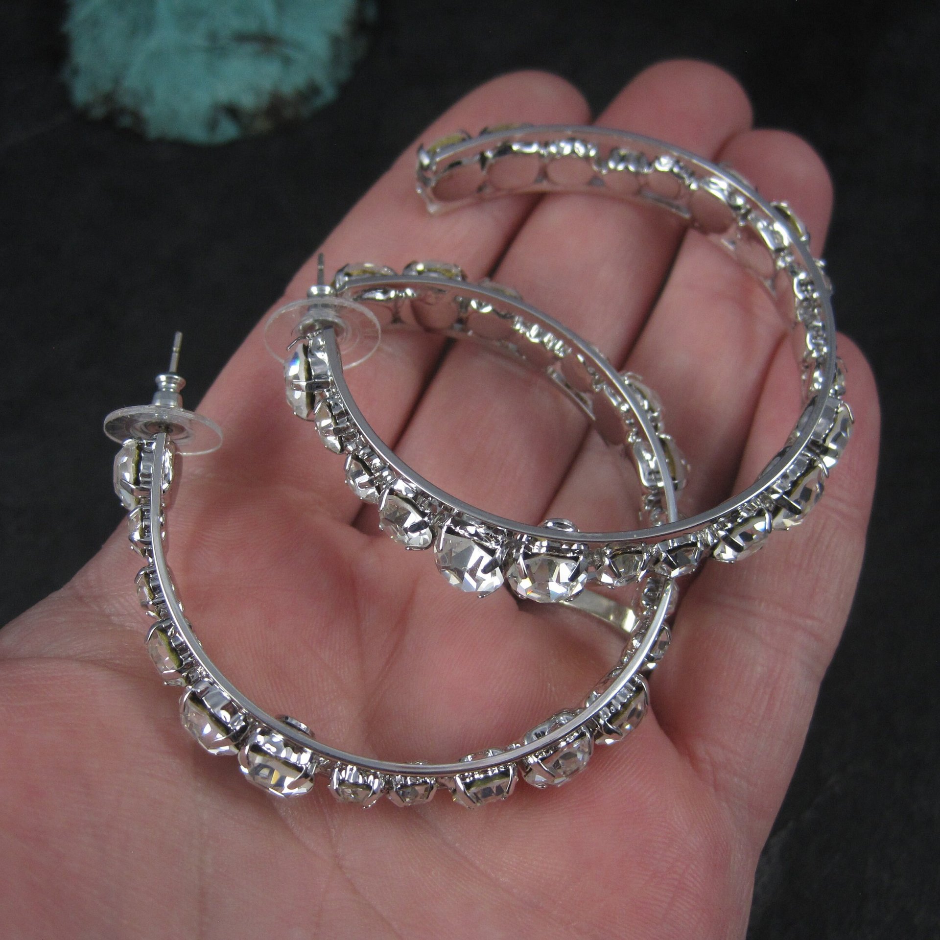 Huge 2.25 Inch Vintage Rhodium Plated Cubic Zirconia Hoop Earrings