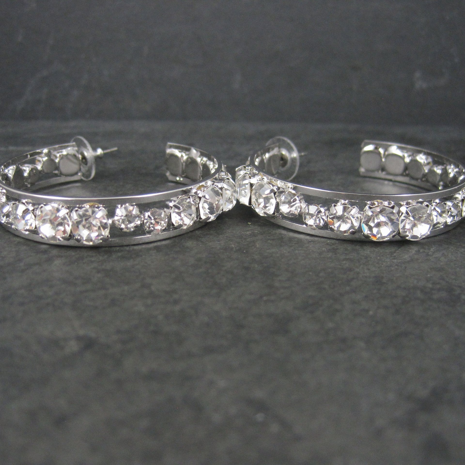Huge 2.25 Inch Vintage Rhodium Plated Cubic Zirconia Hoop Earrings