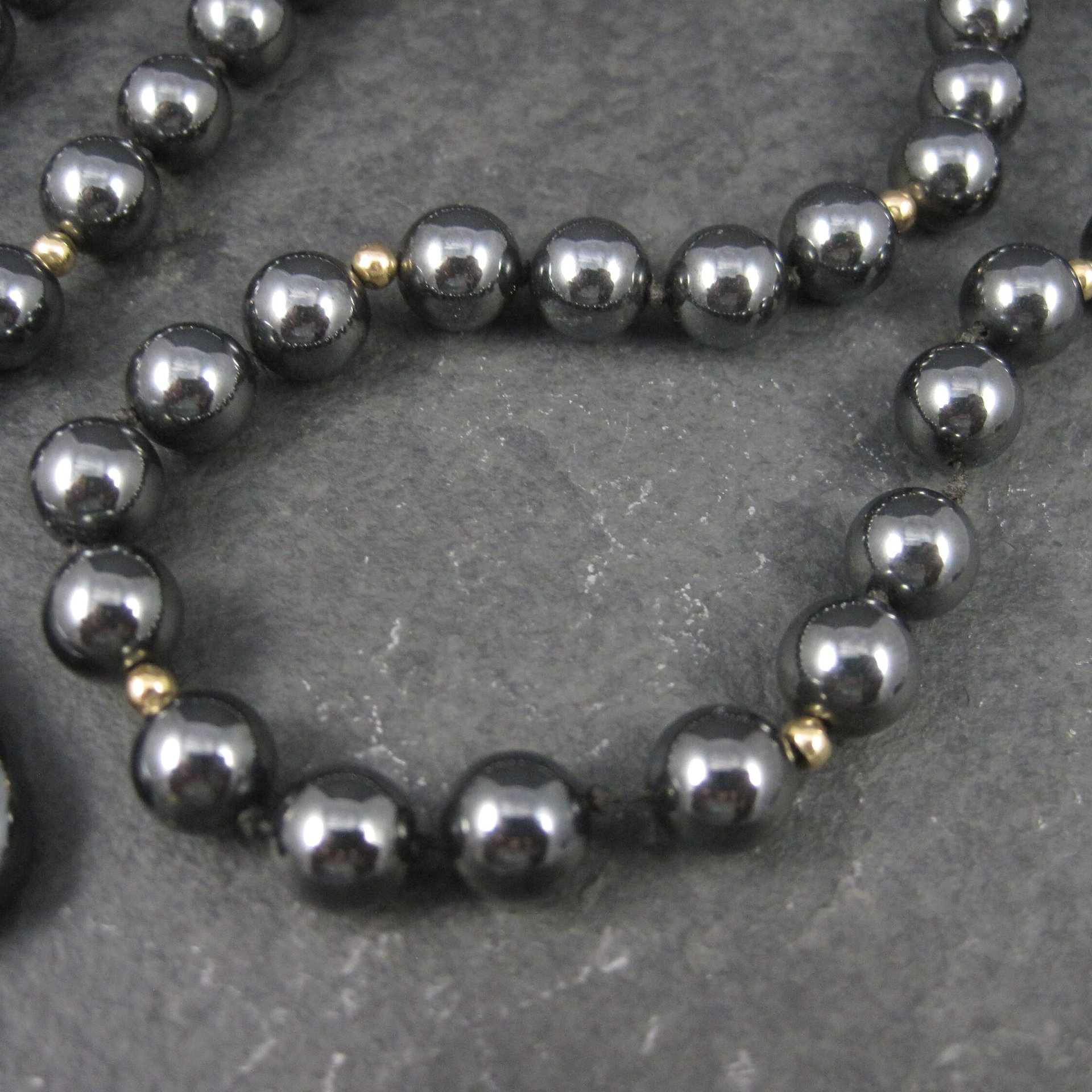 Vintage Carved Hematite Revolver Bead Necklace 24 Inches