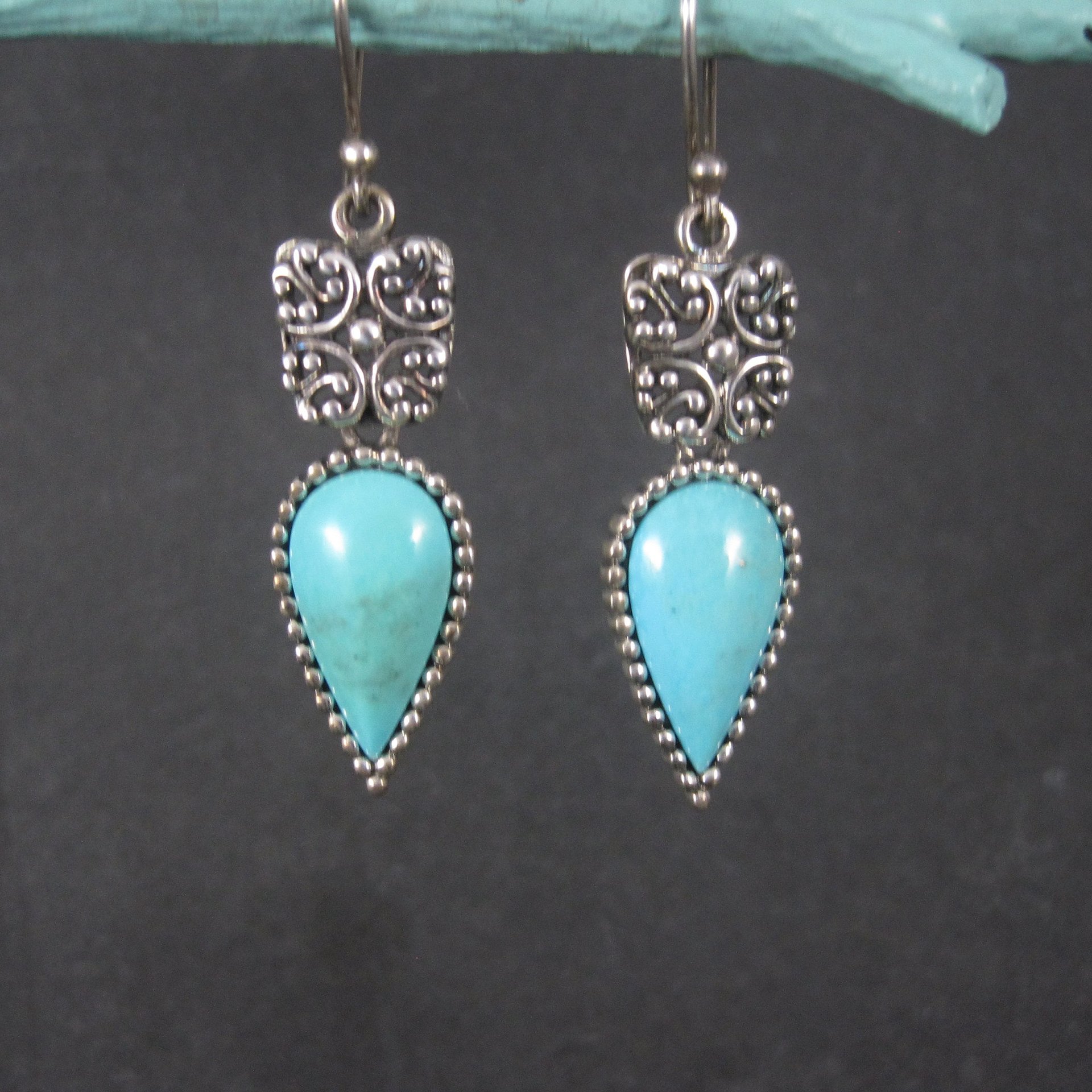 Long Vintage Sterling Balinese Turquoise Earrings