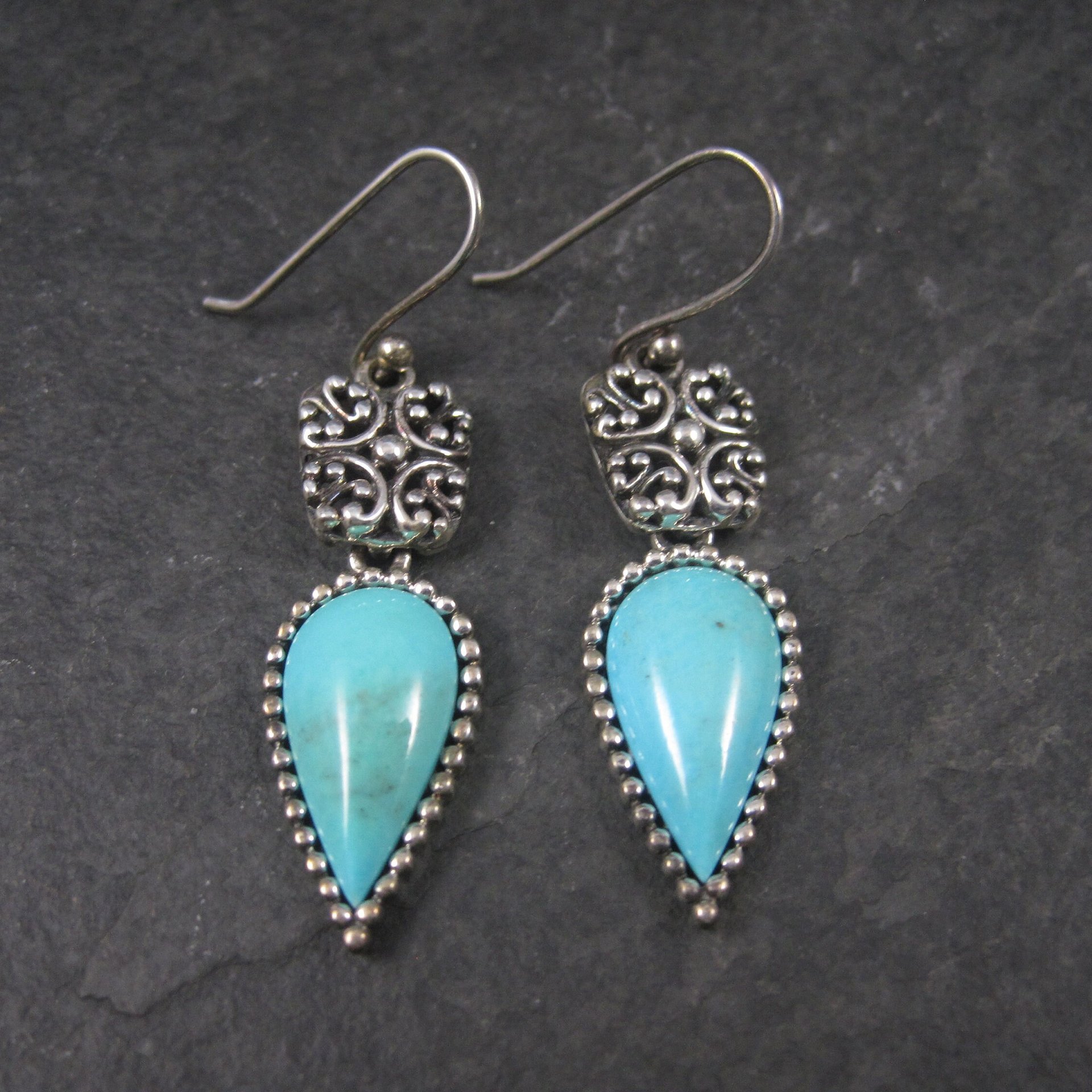 Long Vintage Sterling Balinese Turquoise Earrings