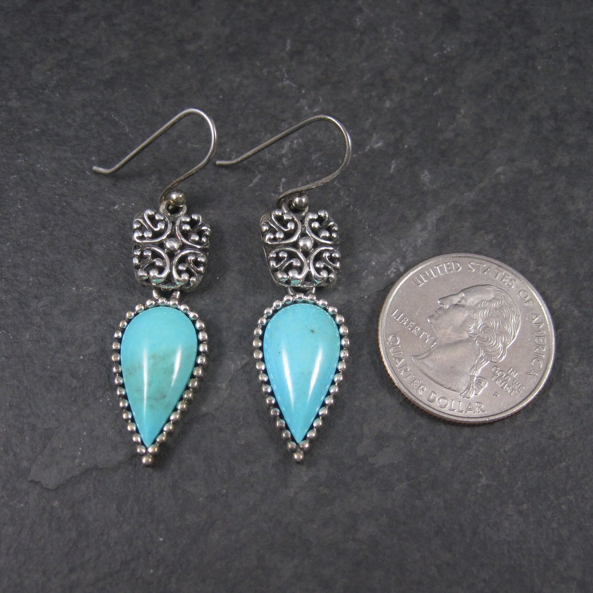 Long Vintage Sterling Balinese Turquoise Earrings