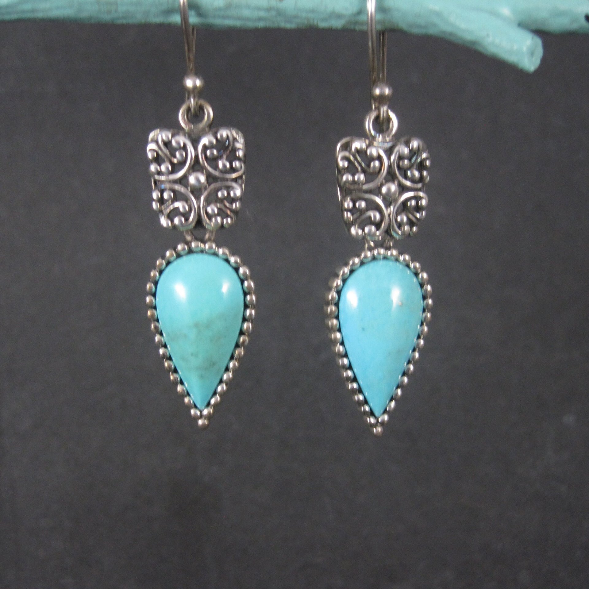 Long Vintage Sterling Balinese Turquoise Earrings