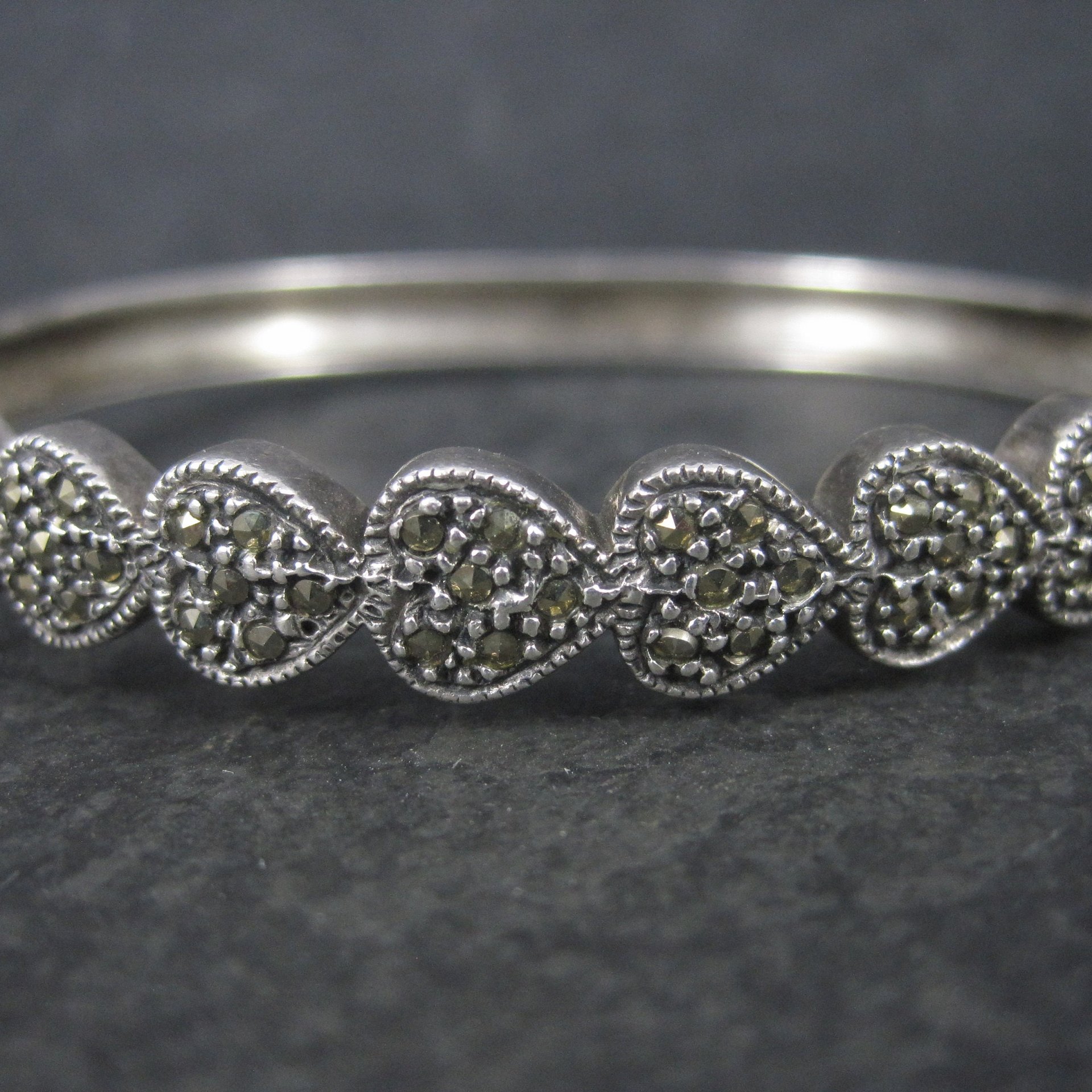 Vintage Sterling Marcasite Heart Bangle Bracelet 7 Inches