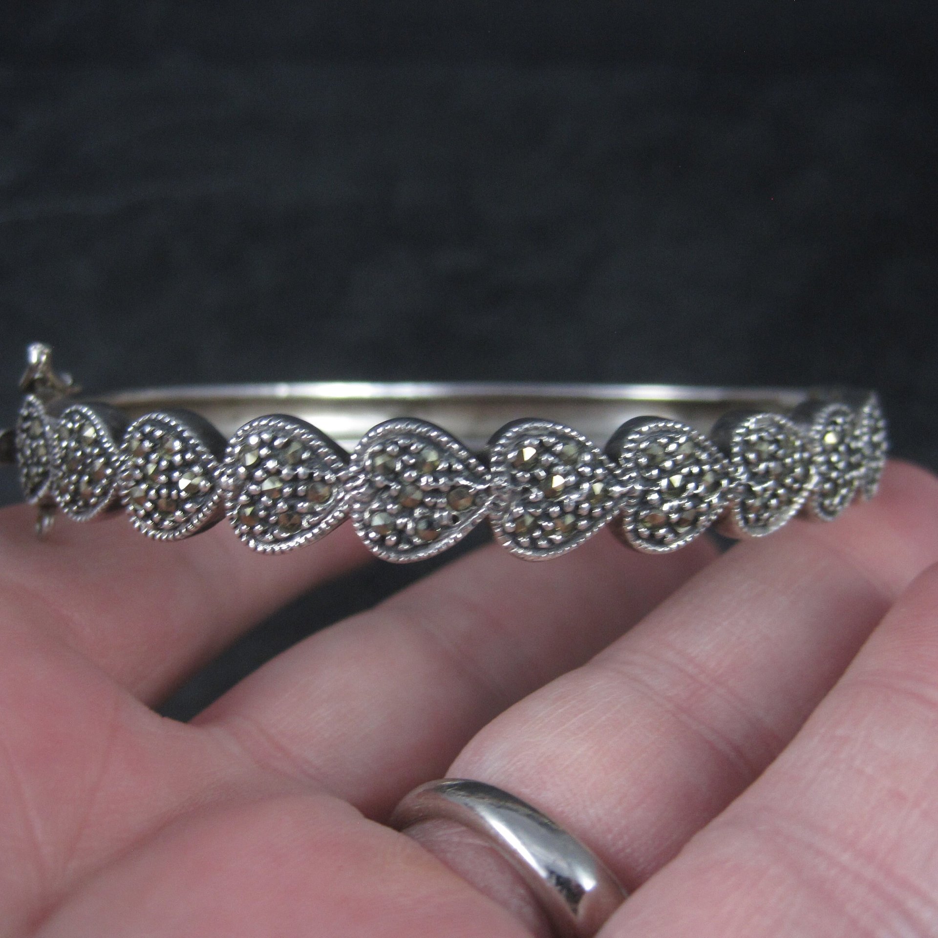 Vintage Sterling Marcasite Heart Bangle Bracelet 7 Inches