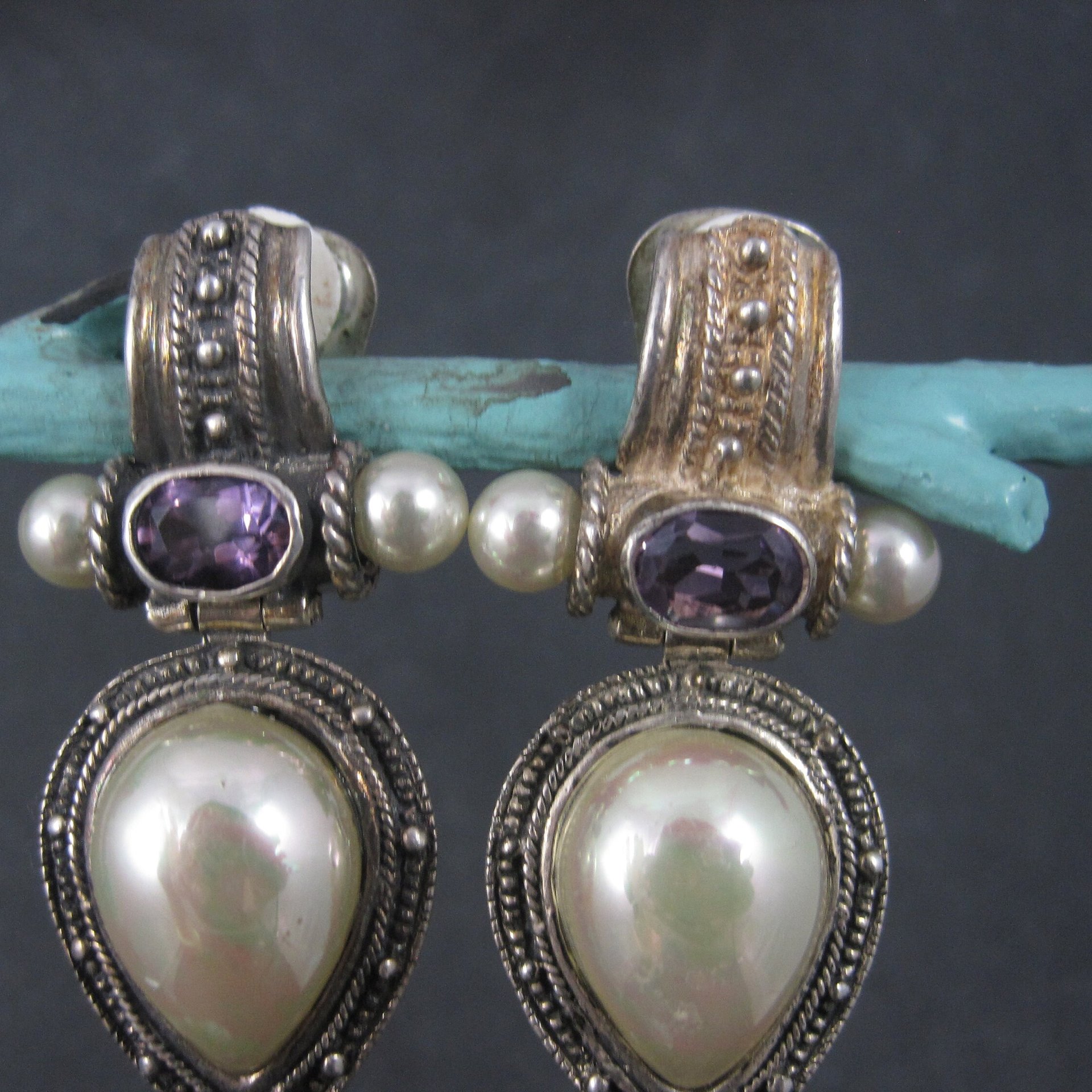 Large Sterling Amethyst Faux Pearl Clip On Earrings