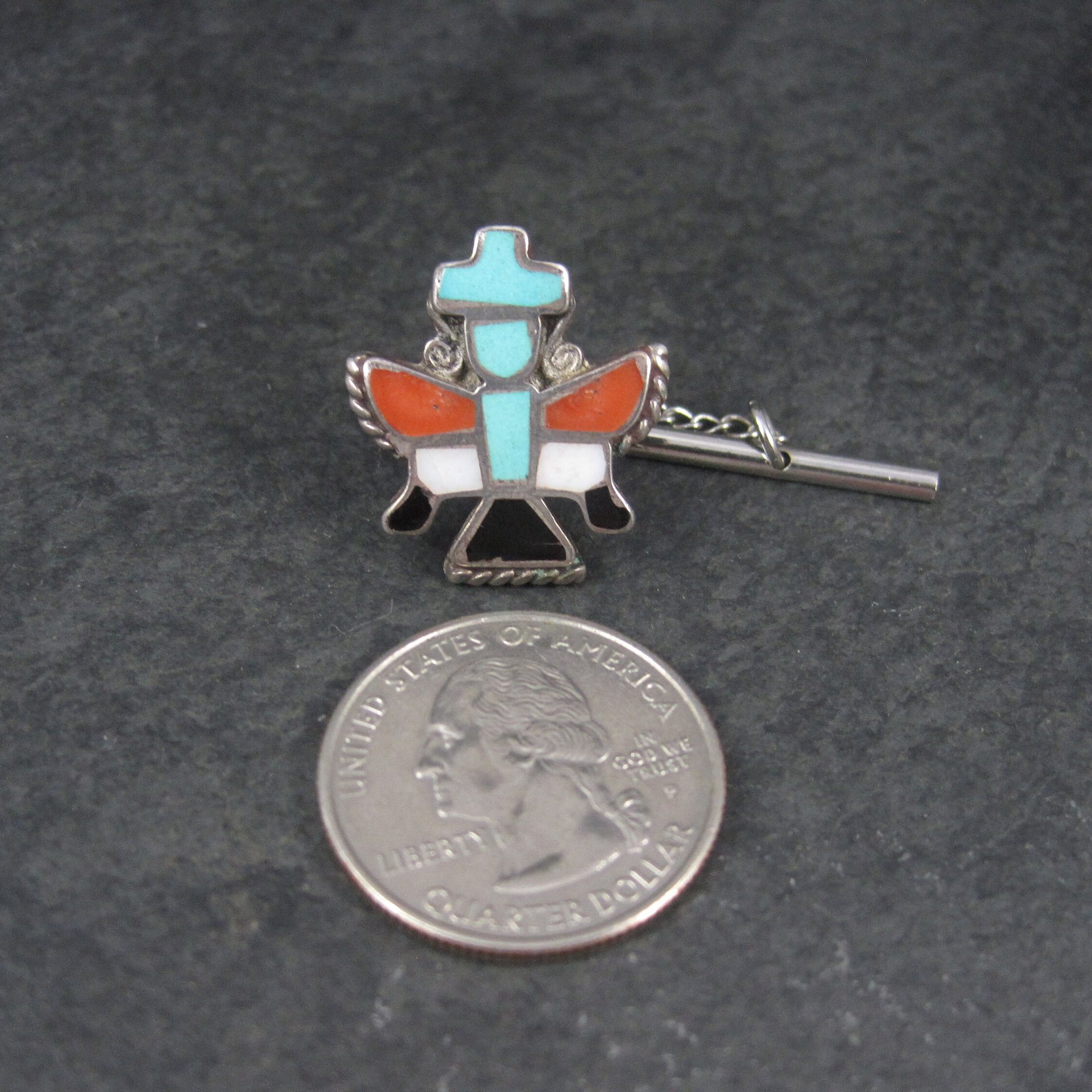 Vintage Sterling Turquoise Coral Inlay Knifewing Tie Tack