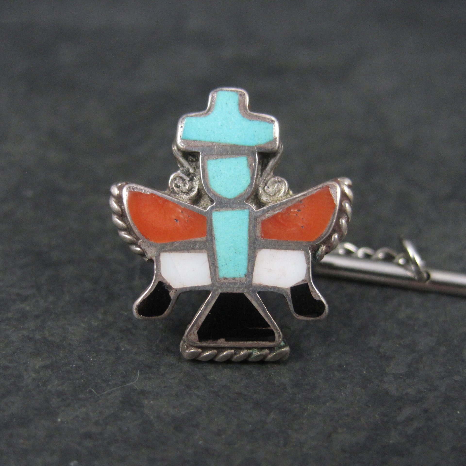 Vintage Sterling Turquoise Coral Inlay Knifewing Tie Tack