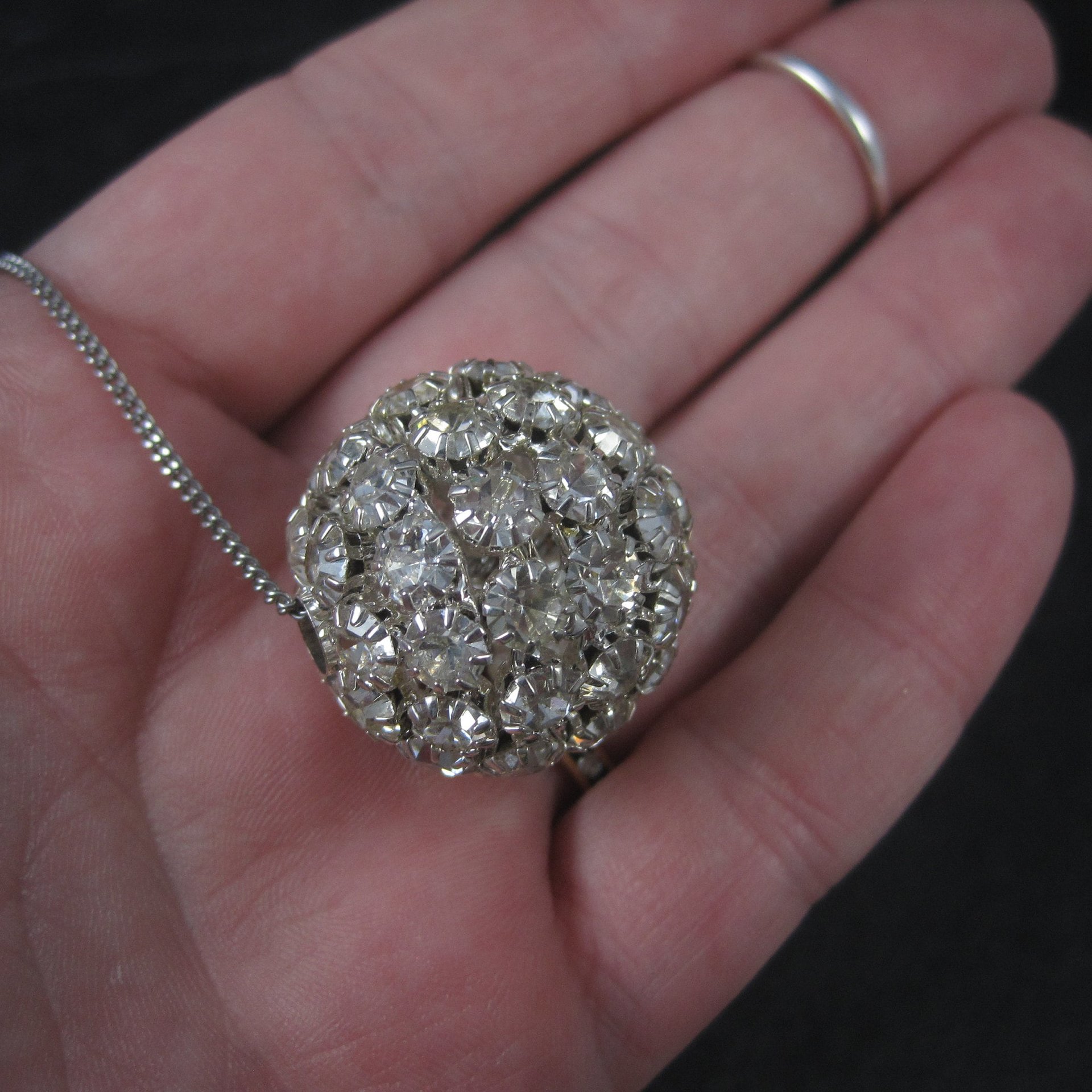 Large Vintage Rhinestone Disco Ball Bead Pendant Necklace