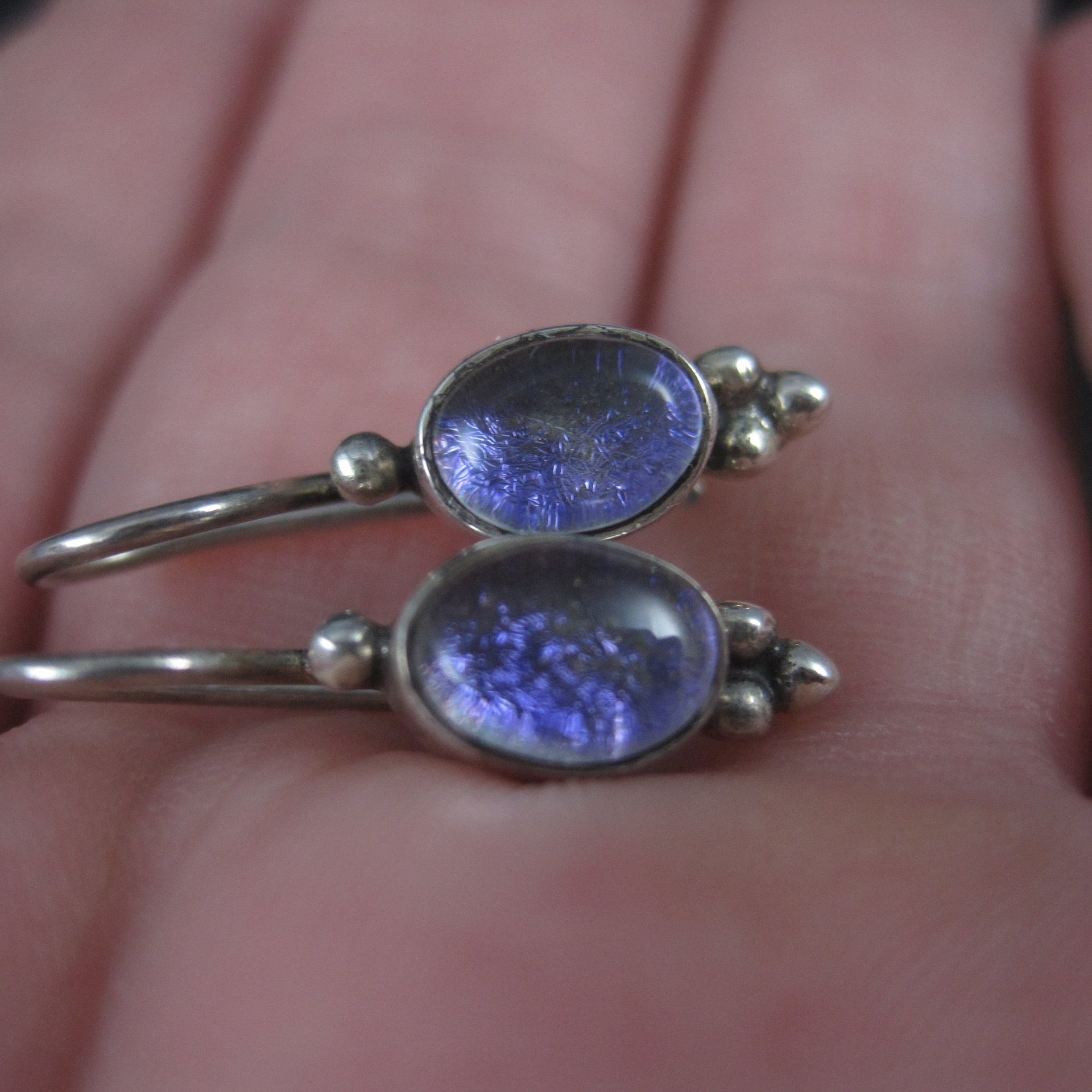 Vintage Sterling Purple Dichroic Glass Earrings Latch Back