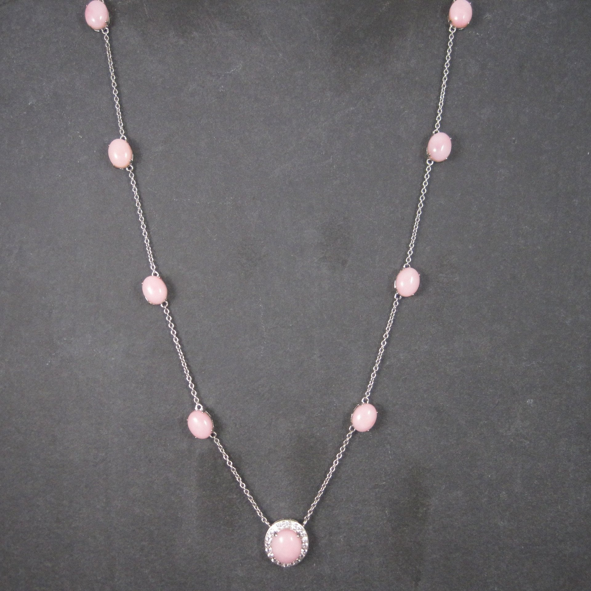 Vintage Sterling Pink Opal White Topaz Halo Necklace 24 Inches
