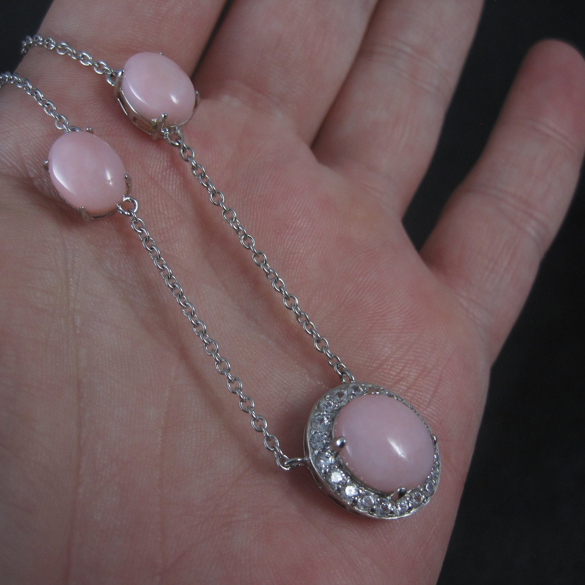 Vintage Sterling Pink Opal White Topaz Halo Necklace 24 Inches