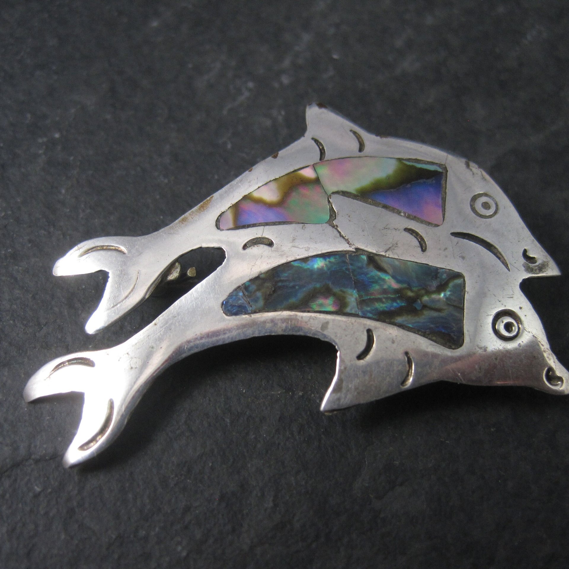 Vintage Alpaca Mexico Abalone Dolphin Brooch
