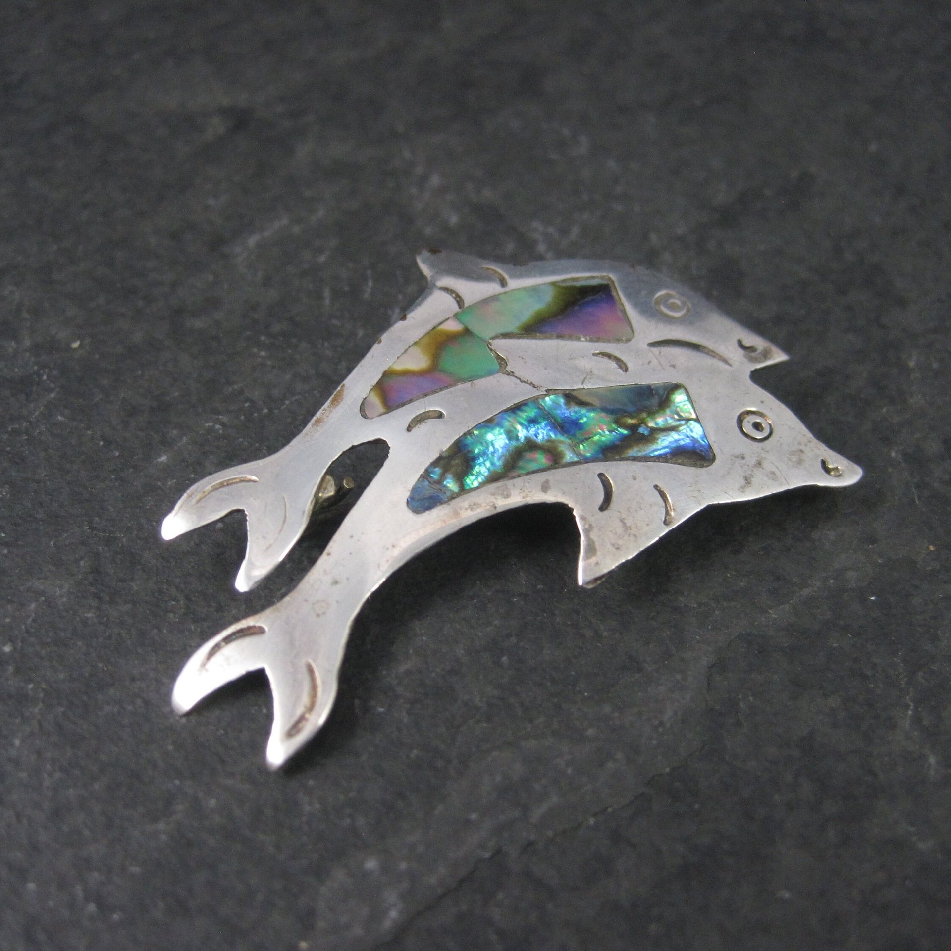 Vintage Alpaca Mexico Abalone Dolphin Brooch