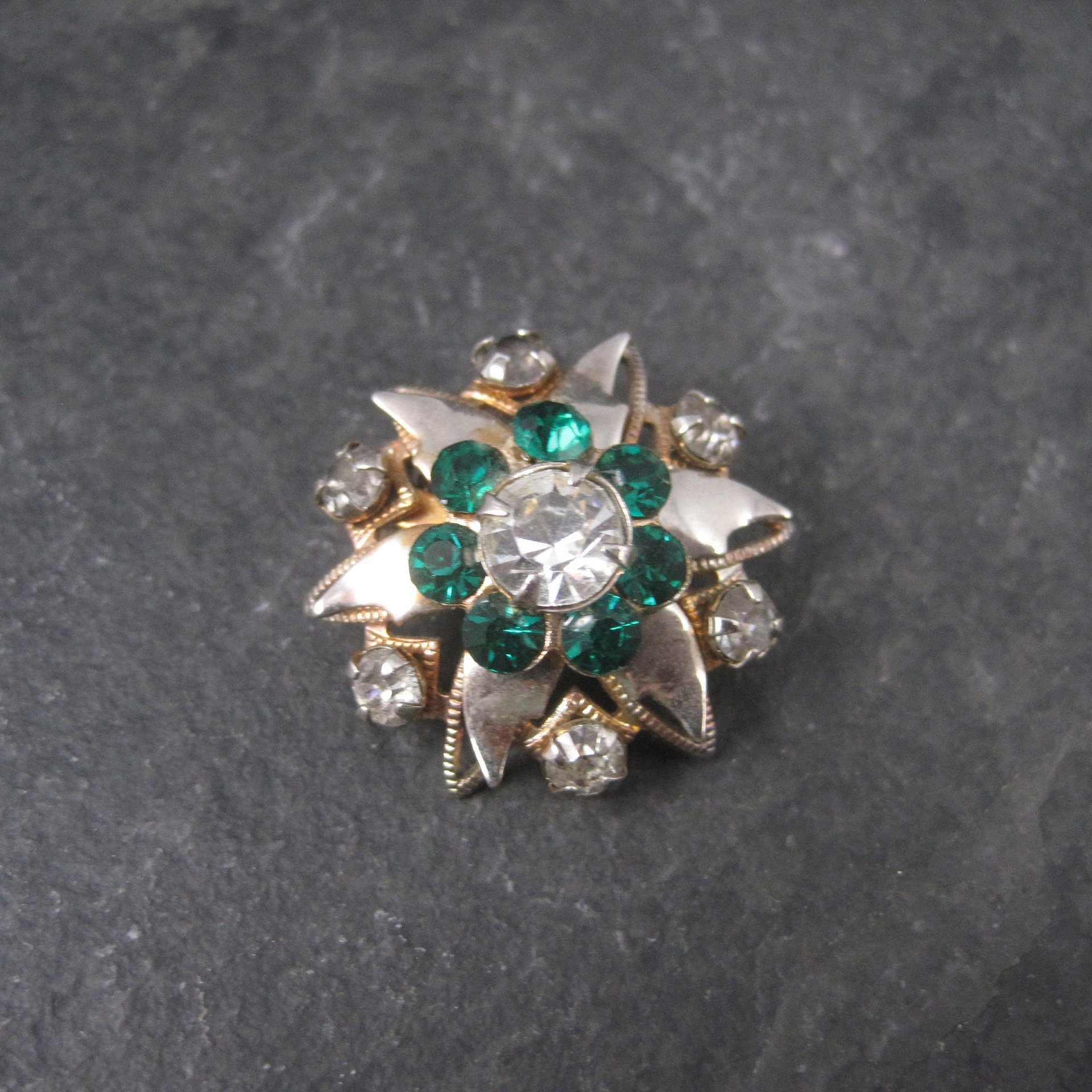 Vintage Starburst Green Rhinestone Brooch Pin