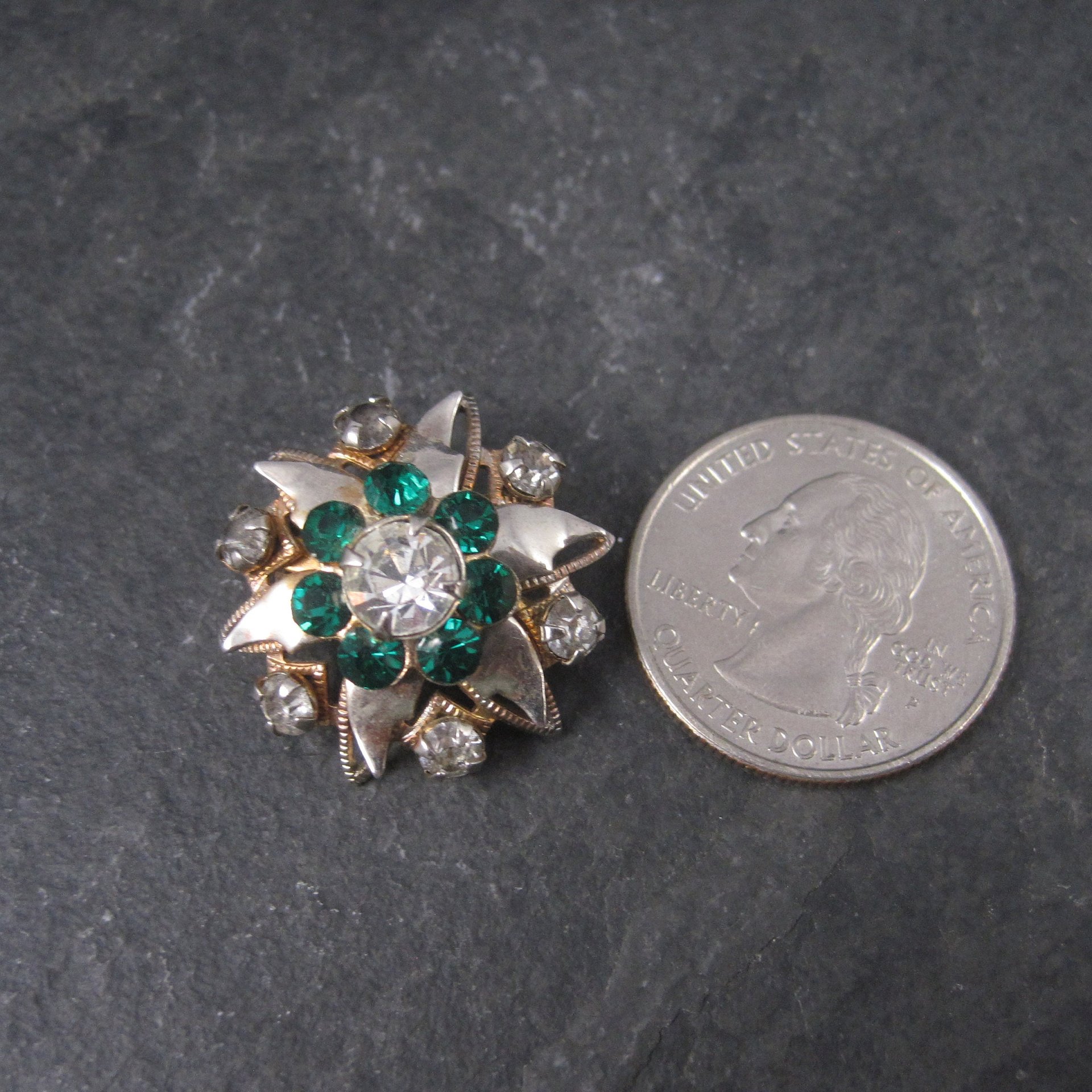 Vintage Starburst Green Rhinestone Brooch Pin