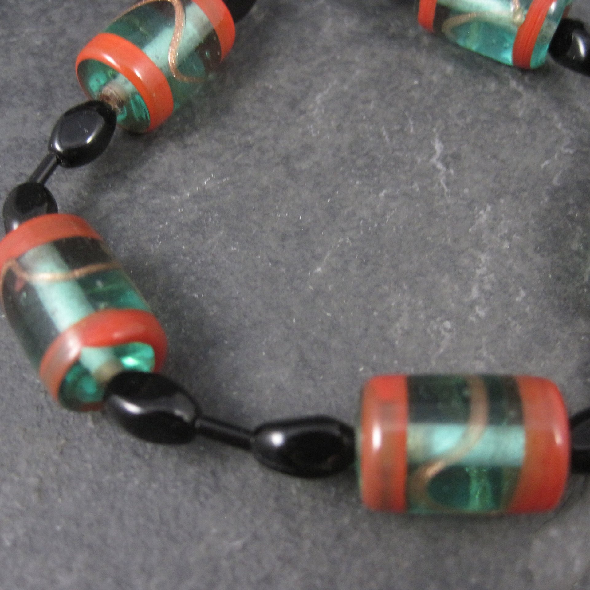Vintage Handmade Green Orange Venetian Glass Bead Strand