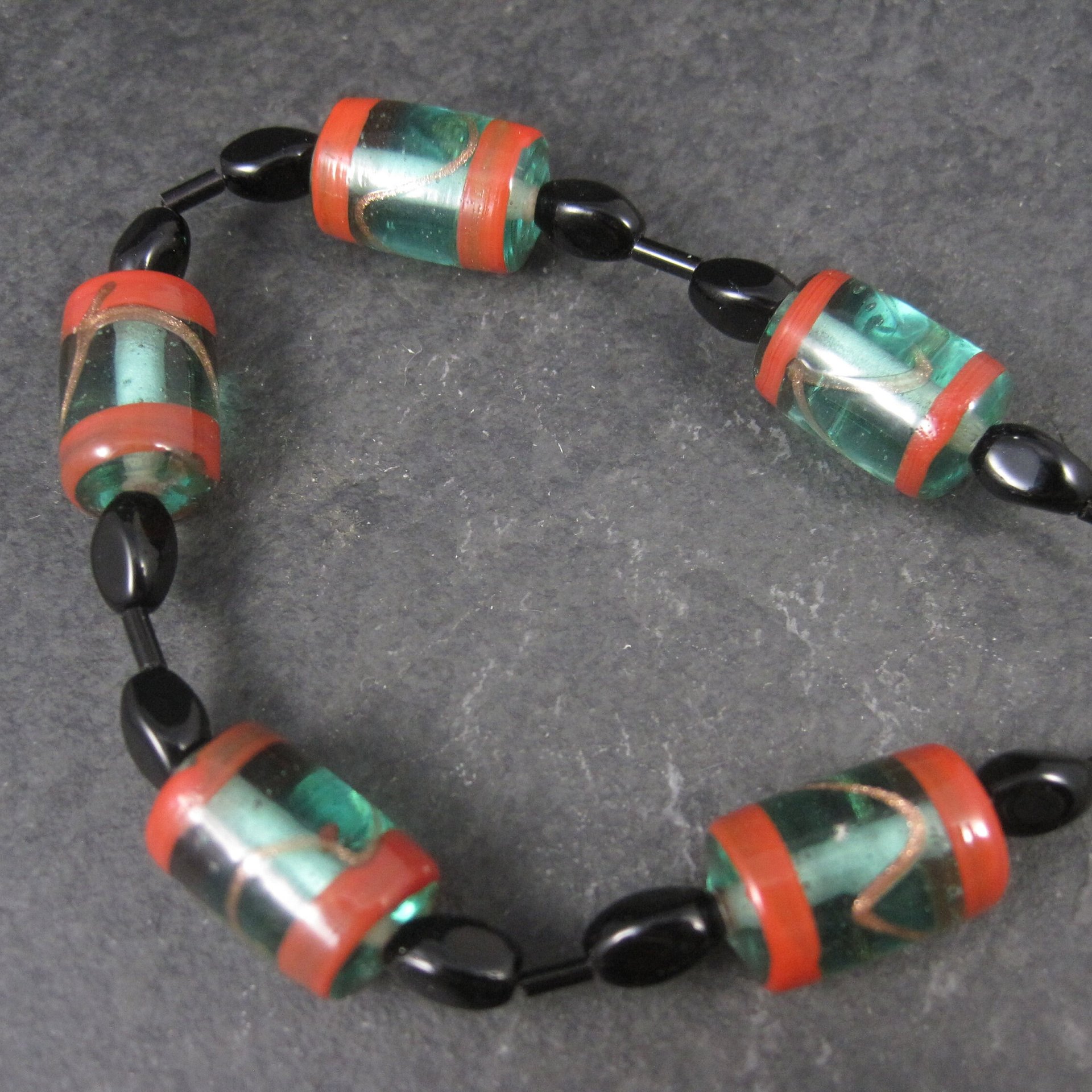 Vintage Handmade Green Orange Venetian Glass Bead Strand