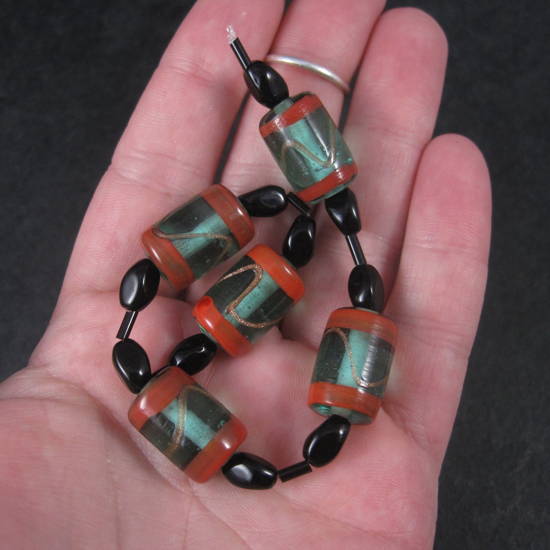 Vintage Handmade Green Orange Venetian Glass Bead Strand