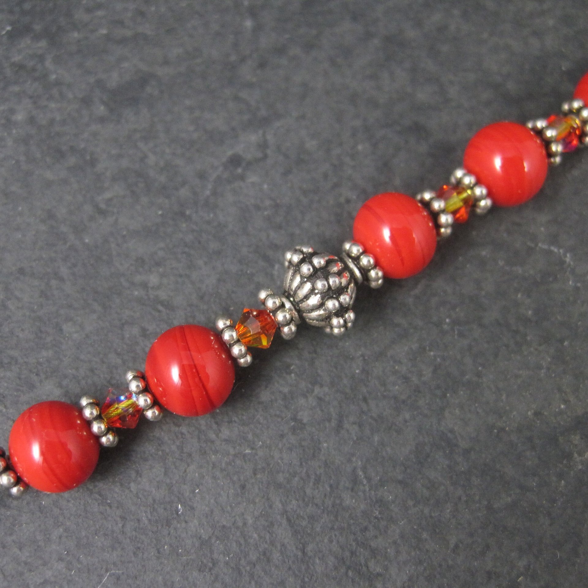 Red Glass and Crystal Bead Bracelet 7.5 Inches