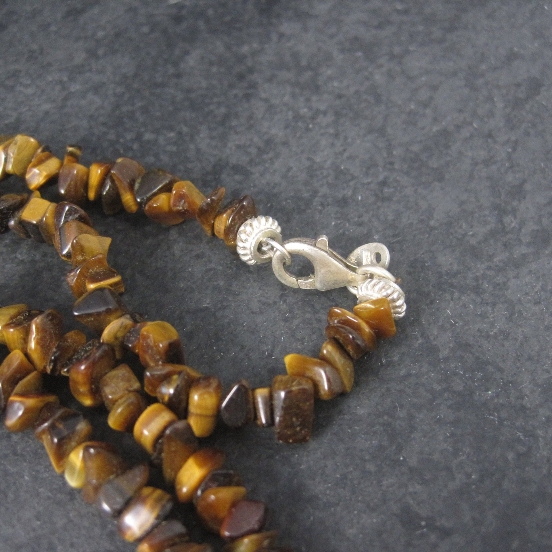 Vintage Sterling Opera Length Tigers Eye Bead Necklace 40 Inches