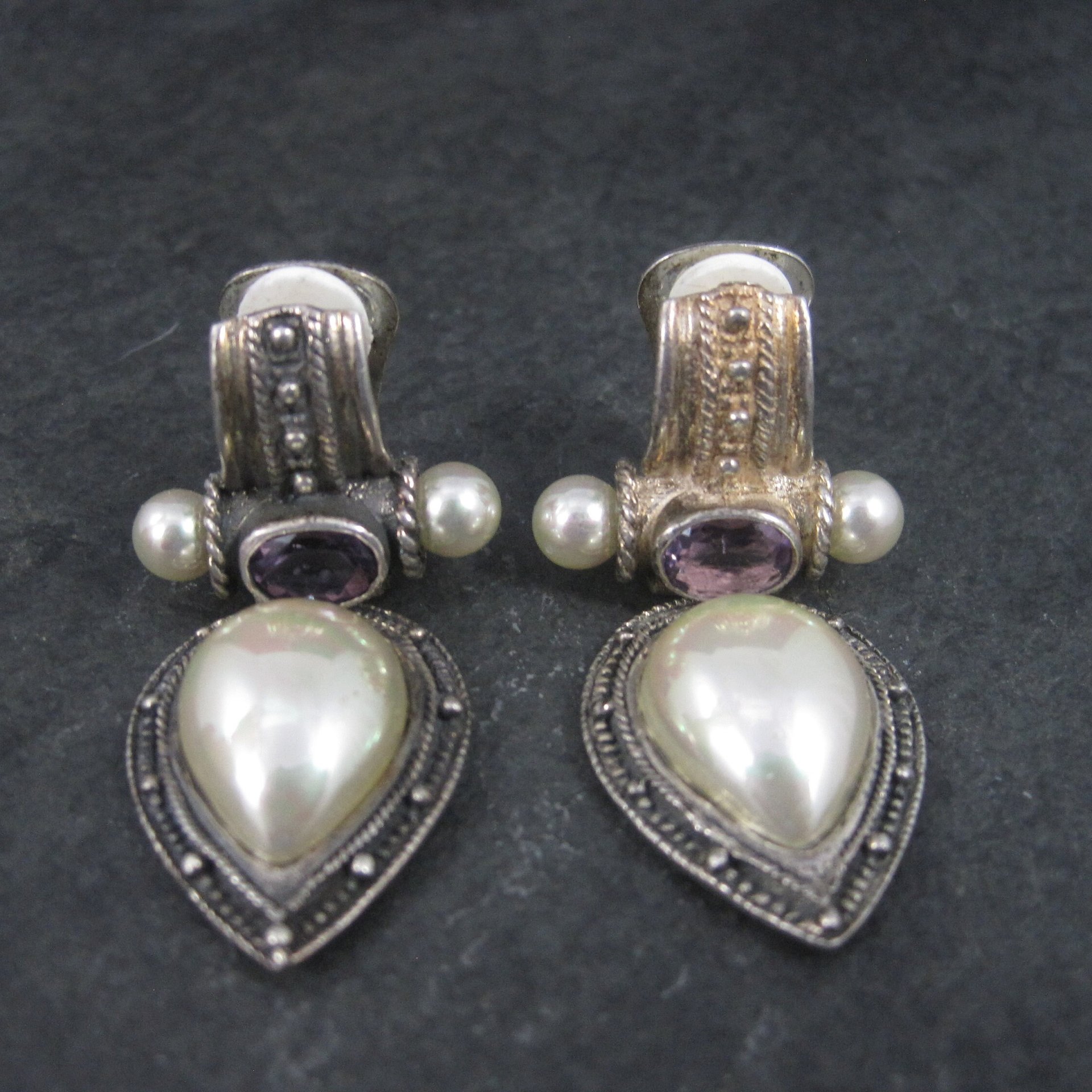 Large Sterling Amethyst Faux Pearl Clip On Earrings