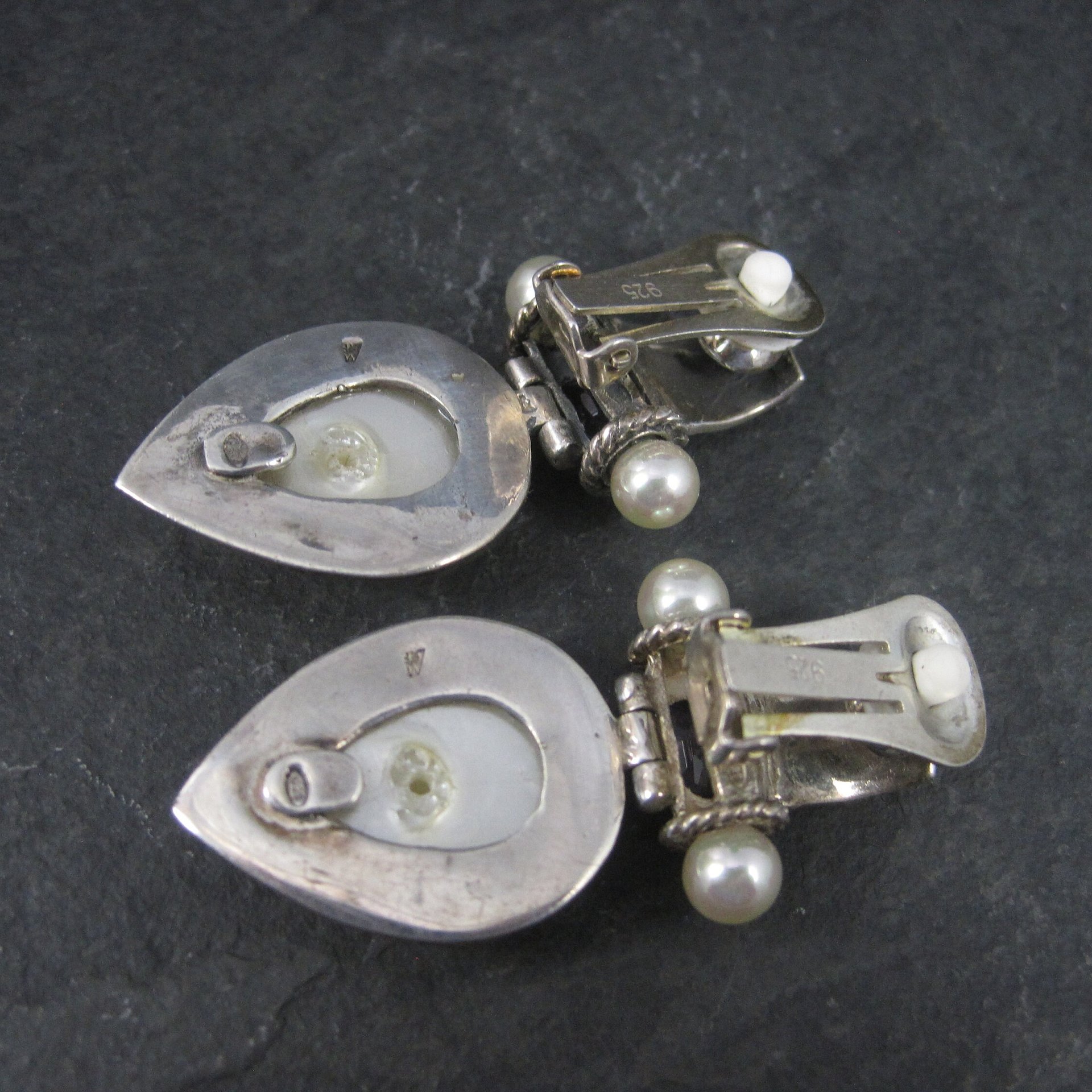 Large Sterling Amethyst Faux Pearl Clip On Earrings