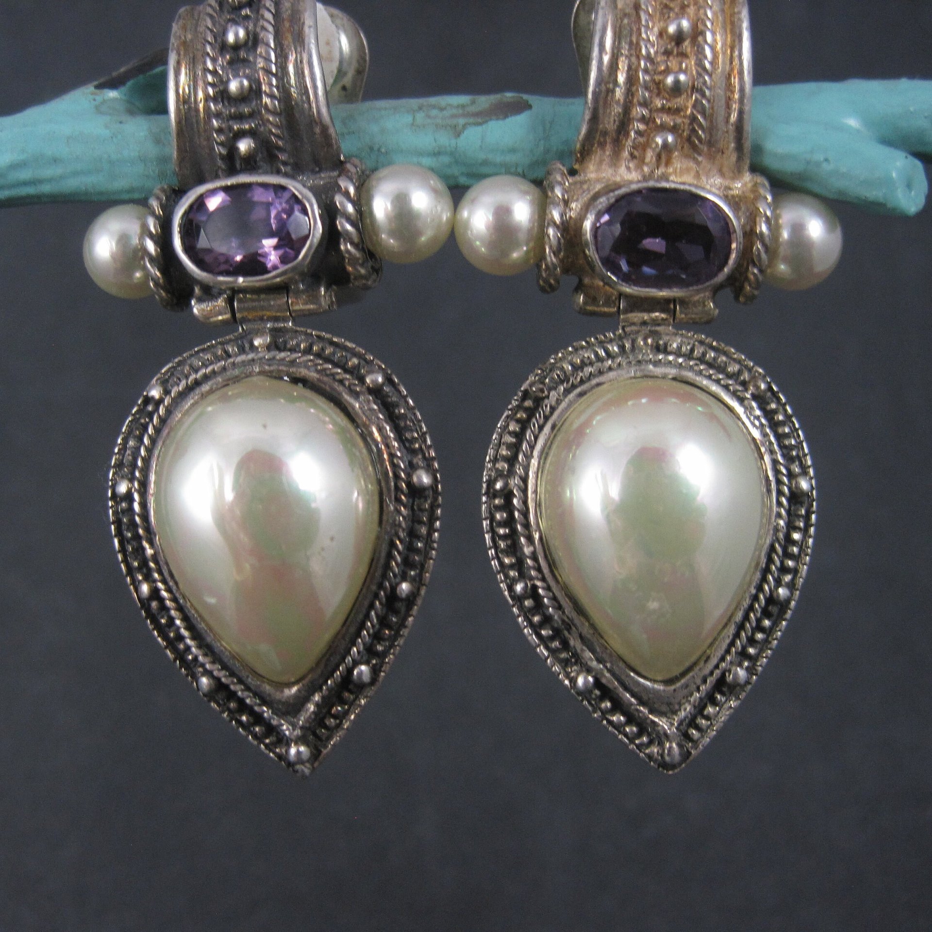 Large Sterling Amethyst Faux Pearl Clip On Earrings