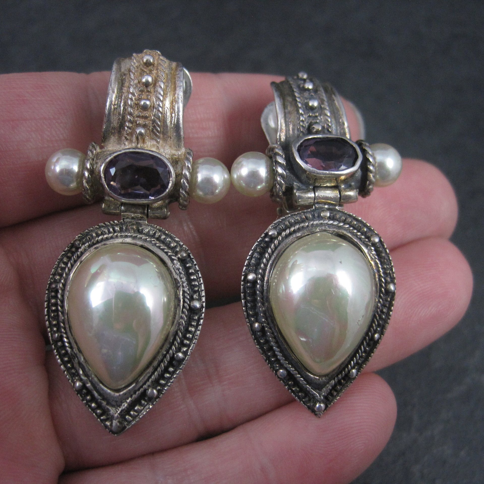 Large Sterling Amethyst Faux Pearl Clip On Earrings