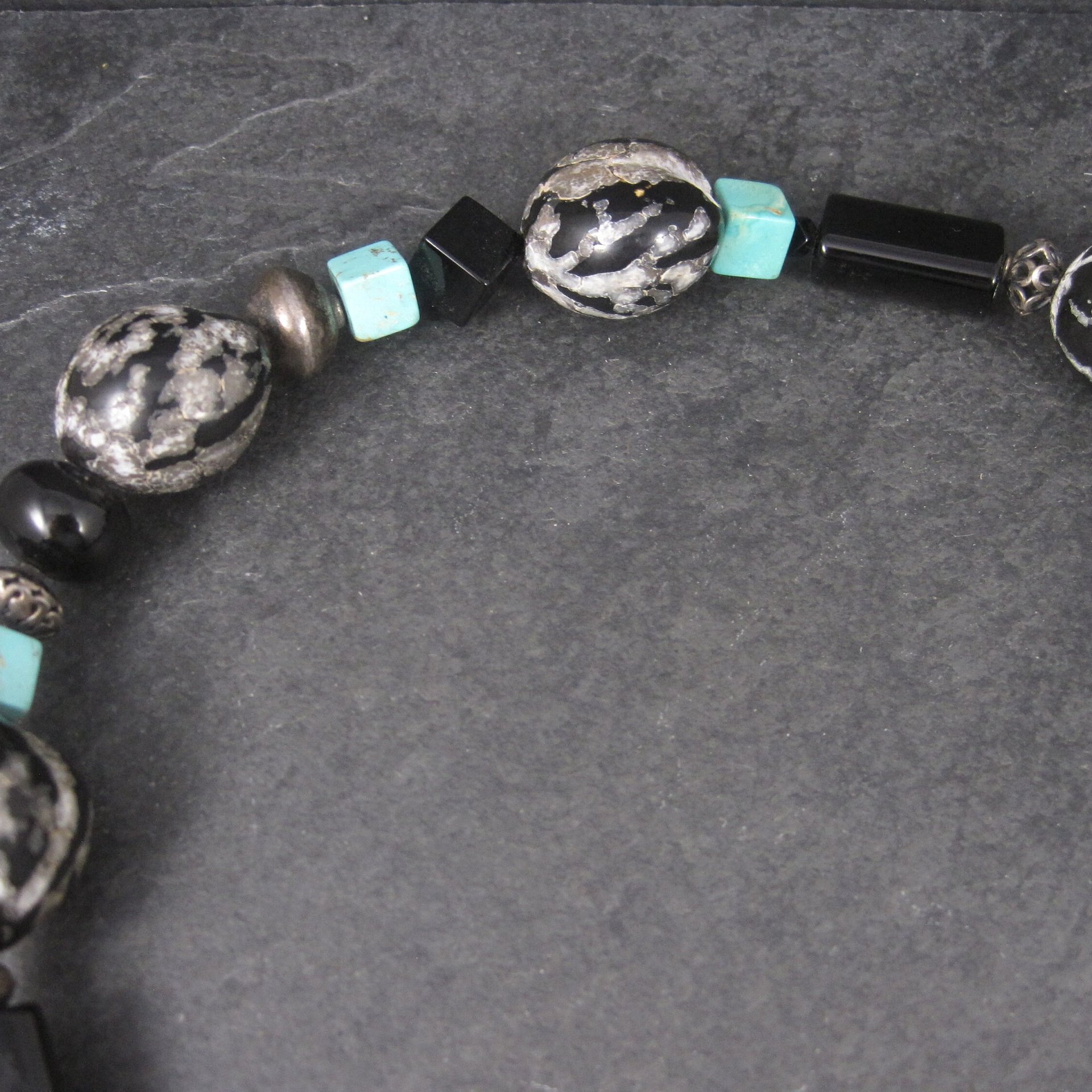Estate Southwestern Sterling Turquoise Kukui Nut Necklace 20 Inches