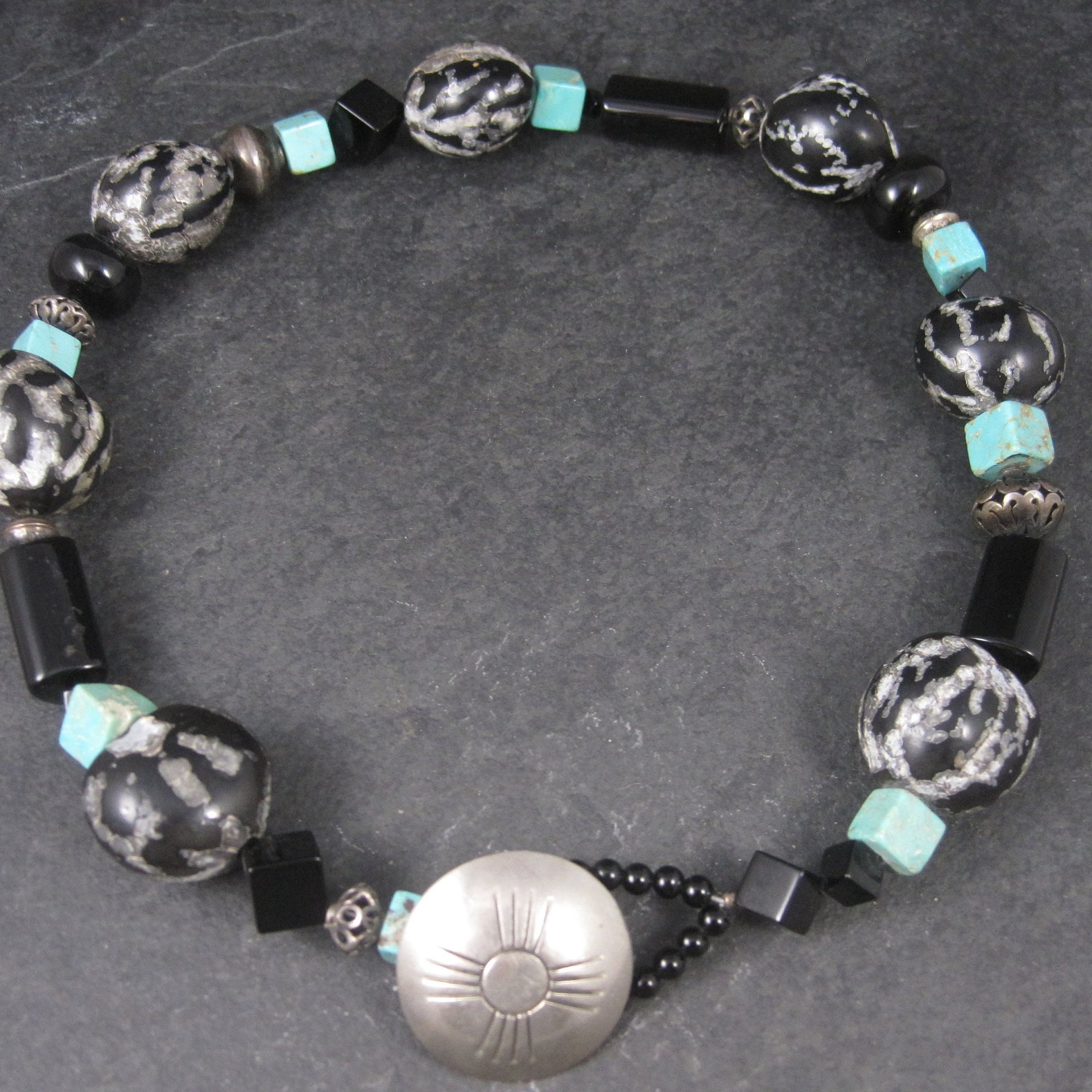 Estate Southwestern Sterling Turquoise Kukui Nut Necklace 20 Inches