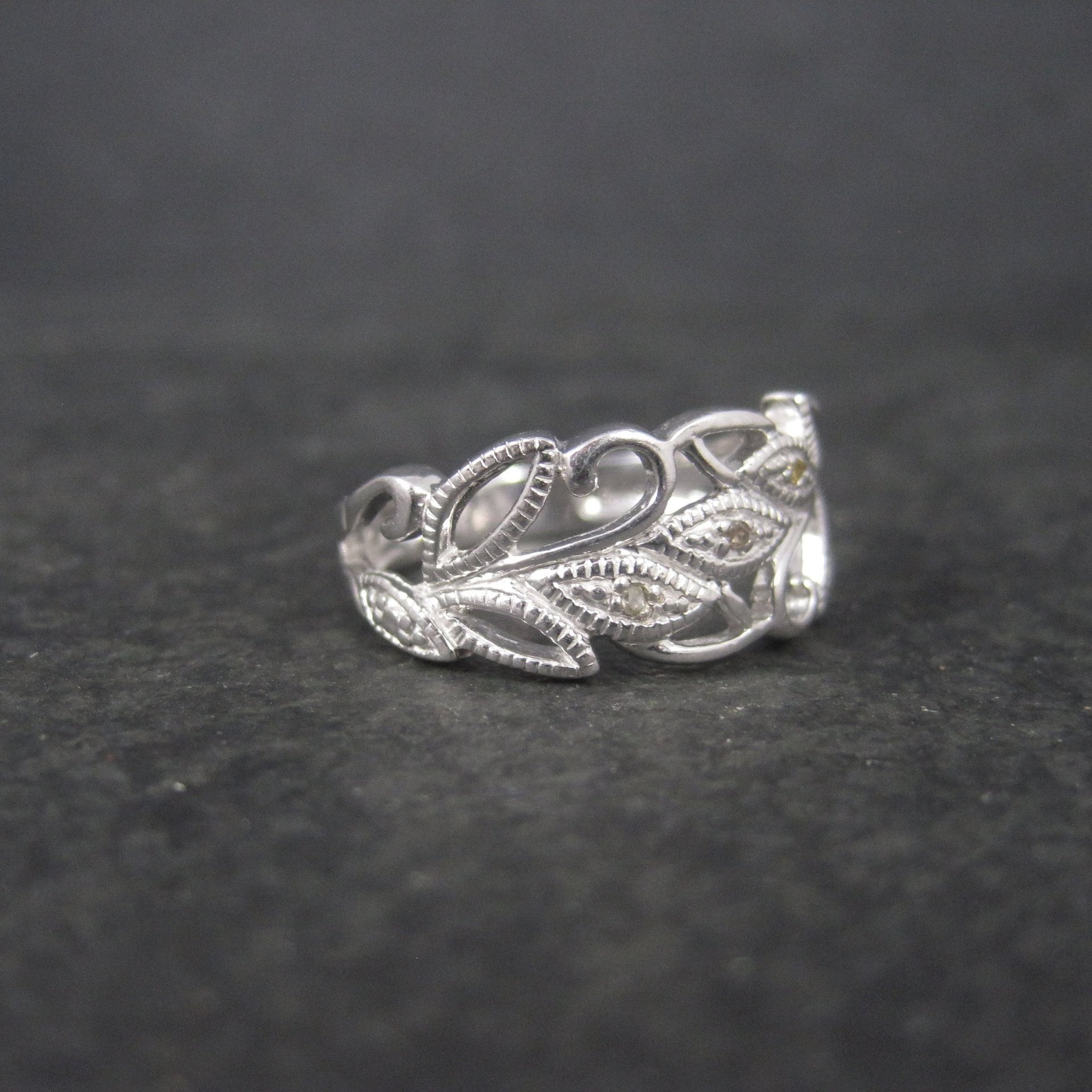 Vintage Sterling Diamond Leaf Ring Size 7