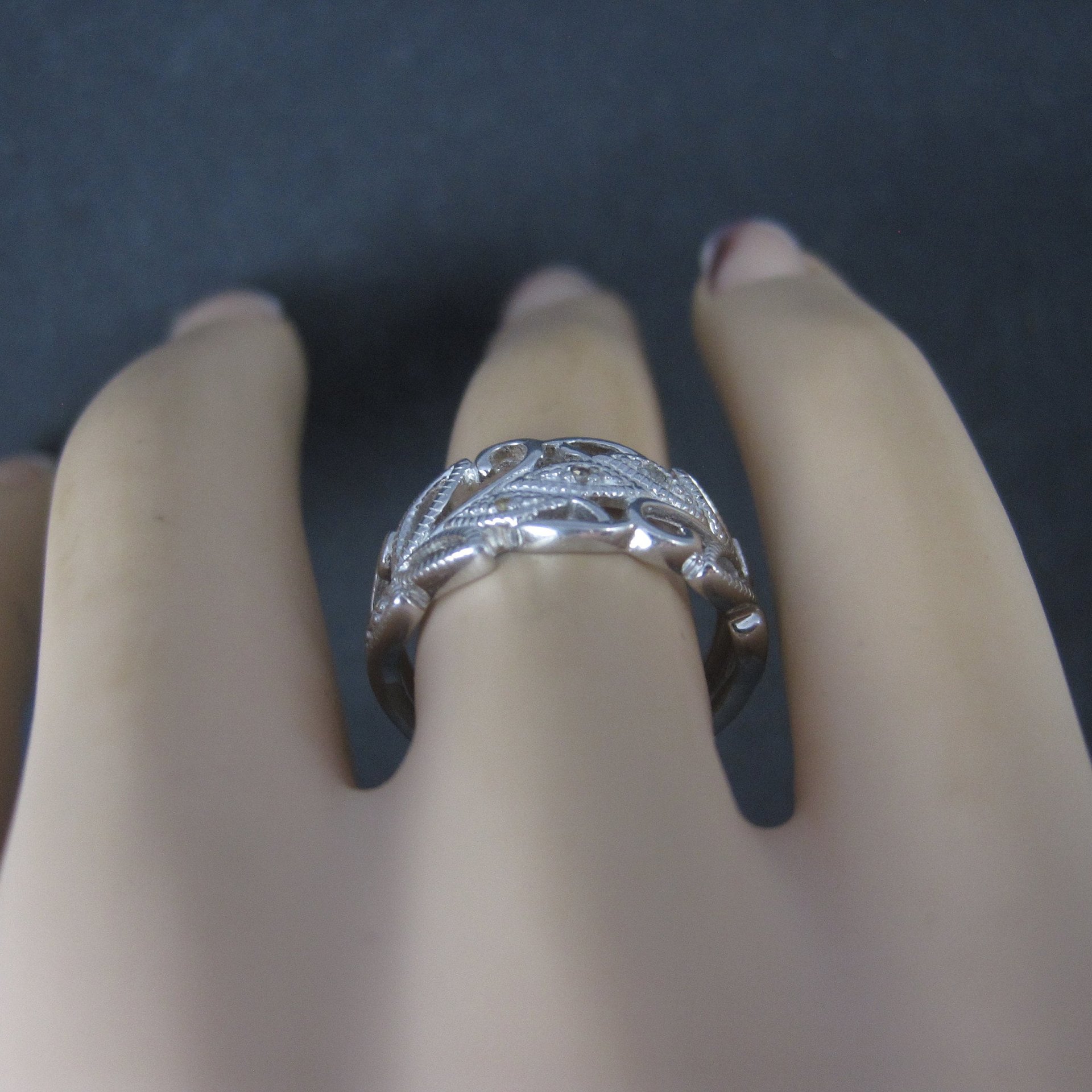 Vintage Sterling Diamond Leaf Ring Size 7