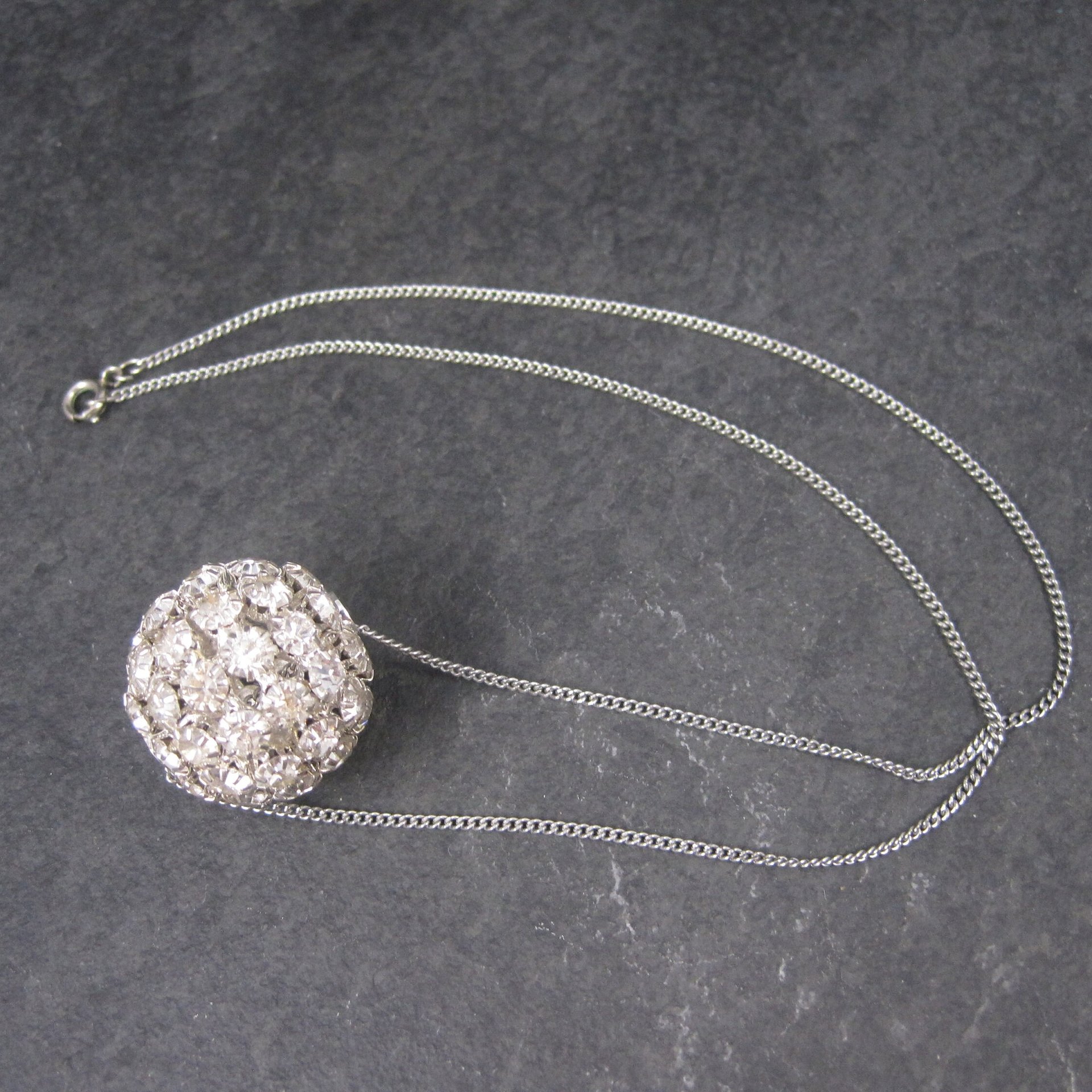 Large Vintage Rhinestone Disco Ball Bead Pendant Necklace