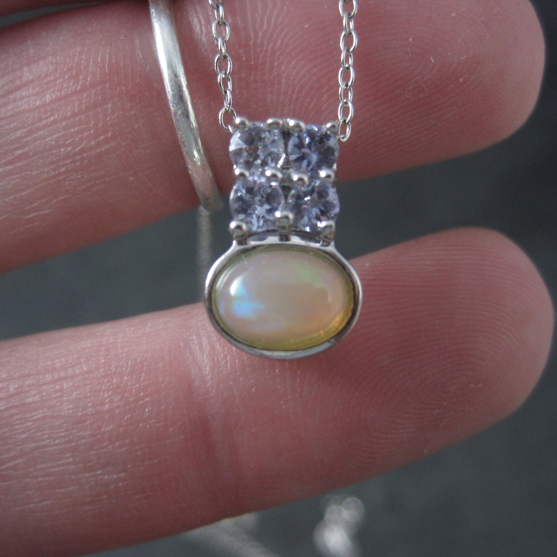 Vintage Sterling Opal Tanzanite Pendant Necklace