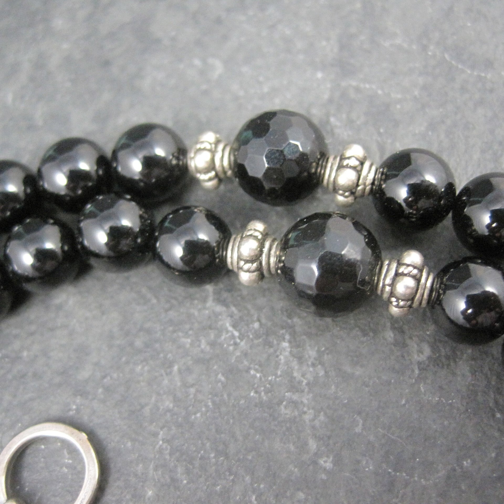 Vintage Sterling Black Crystal Onyx Bead Necklace 19.5 Inches
