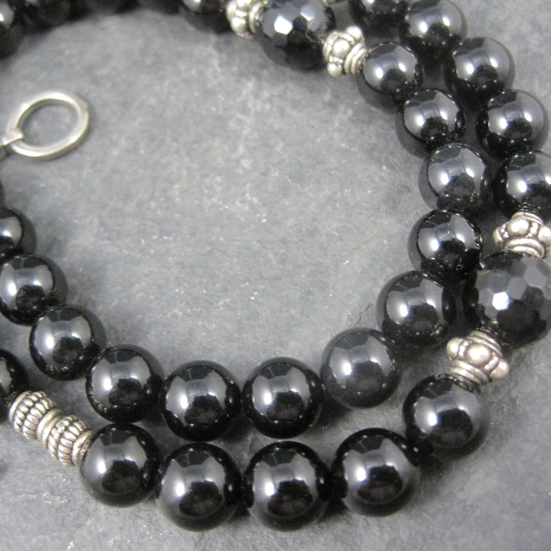 Vintage Sterling Black Crystal Onyx Bead Necklace 19.5 Inches