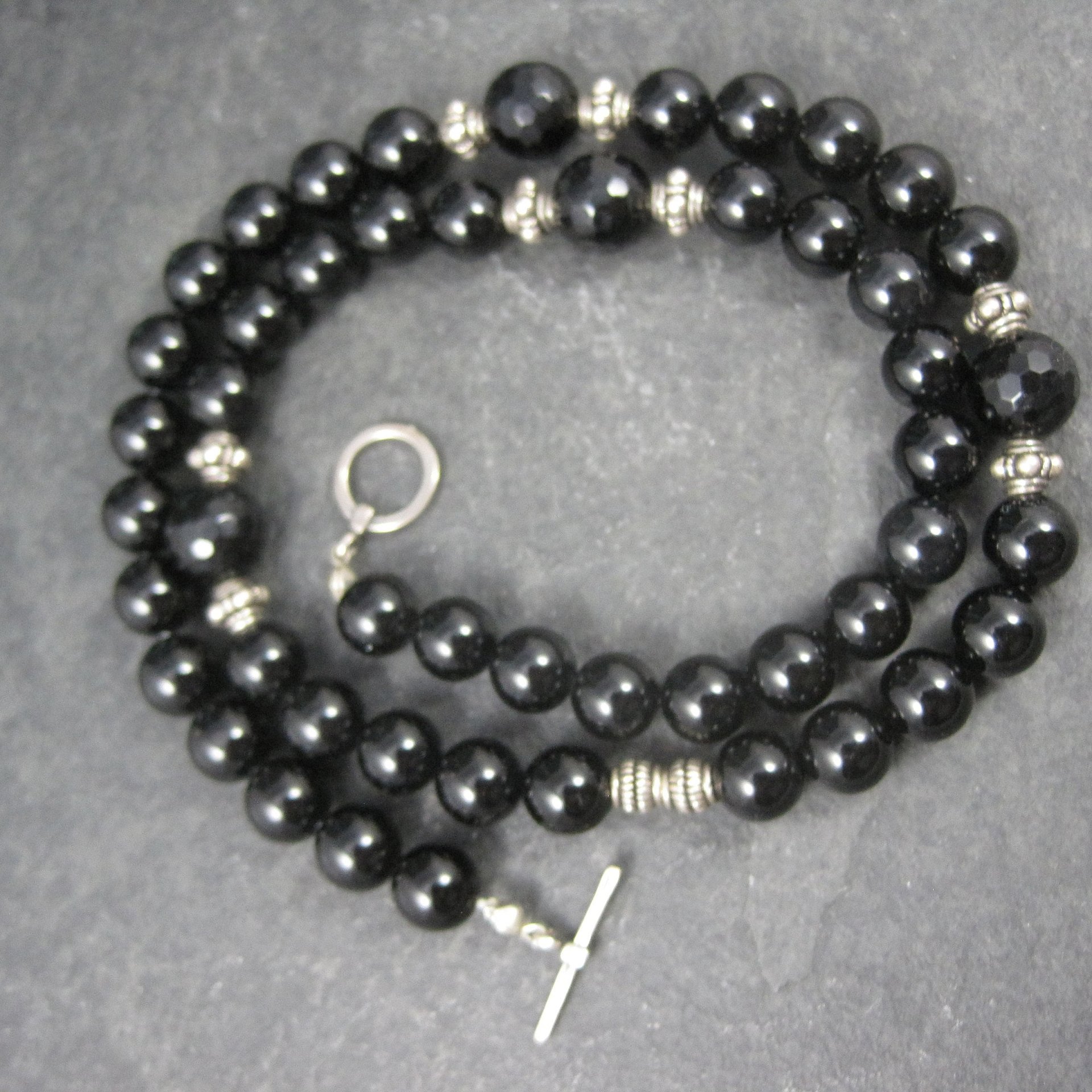 Vintage Sterling Black Crystal Onyx Bead Necklace 19.5 Inches