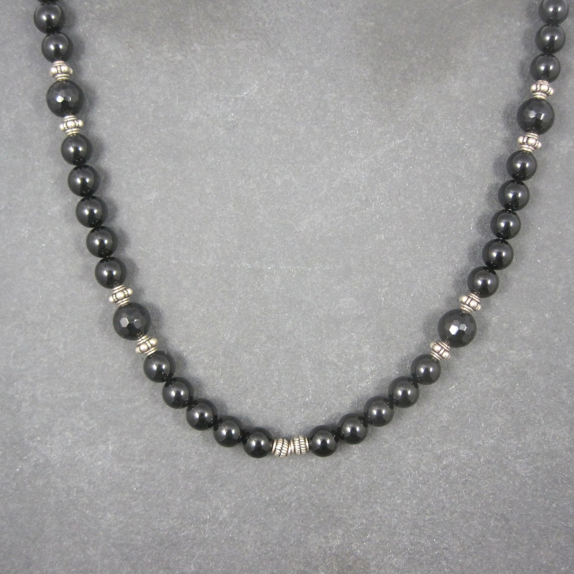 Vintage Sterling Black Crystal Onyx Bead Necklace 19.5 Inches