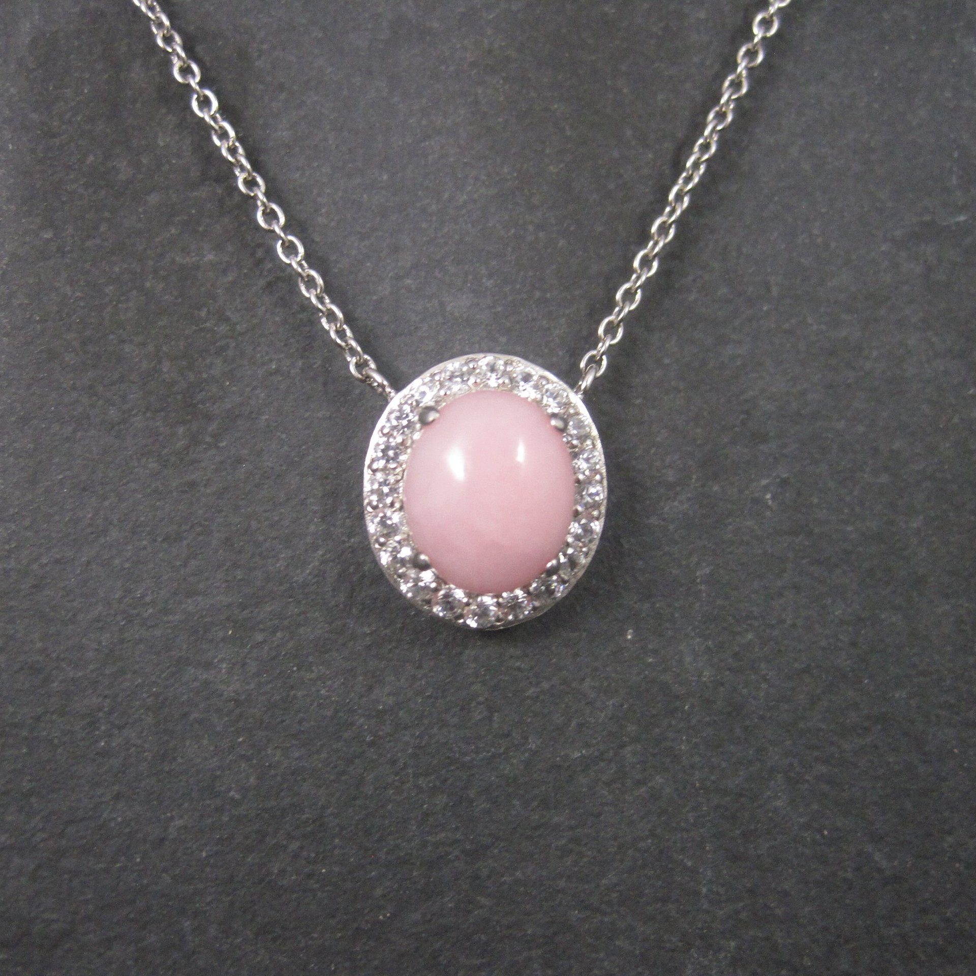 Vintage Sterling Pink Opal White Topaz Halo Necklace 24 Inches