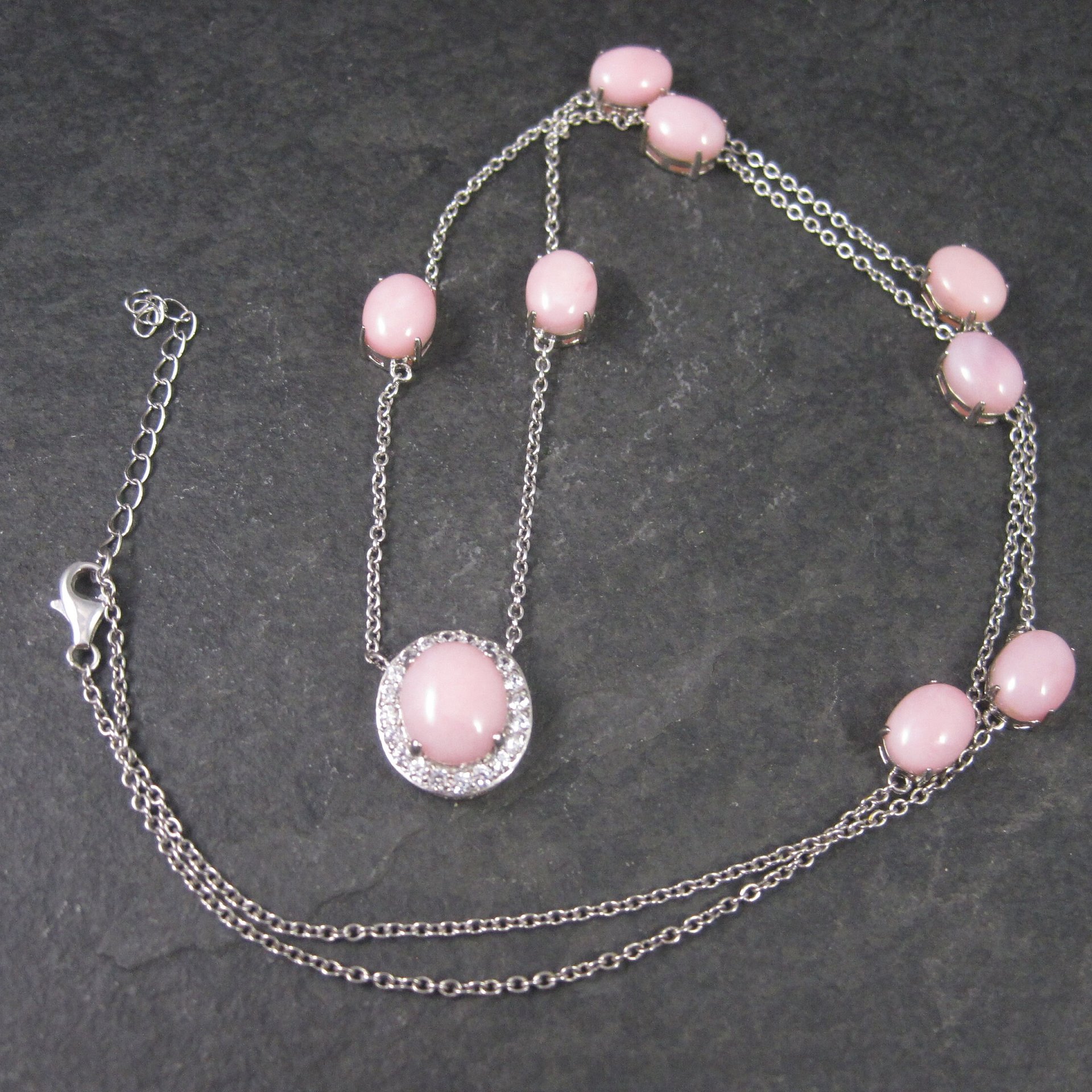 Vintage Sterling Pink Opal White Topaz Halo Necklace 24 Inches